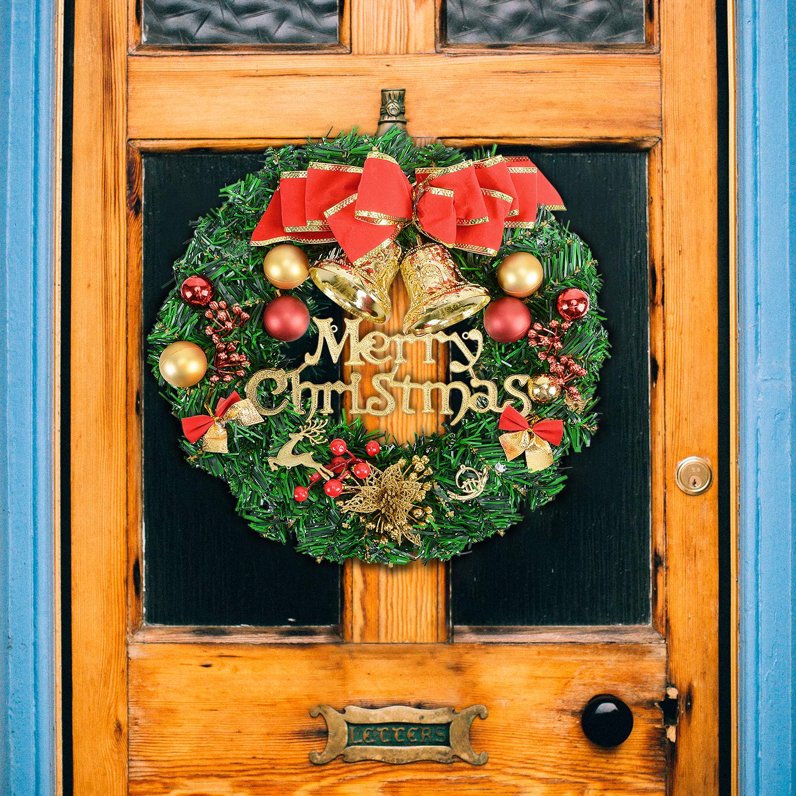 Voilamart Christmas Wreath 40CM/16Inch Artificial Garland with Bowknot Bells and Baubles Xmas Decorations for Fireplaces Stairs Wall Door