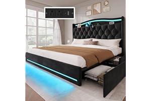 YITAHOME King Size Bed Frame with 4 Storage Drawers and RGB LED Lights, 57'' Tall Headboard Velvet Upholstered Bed with Charging Station, No Box Spring Needed, Easy Assembly, Noise-Free, Black