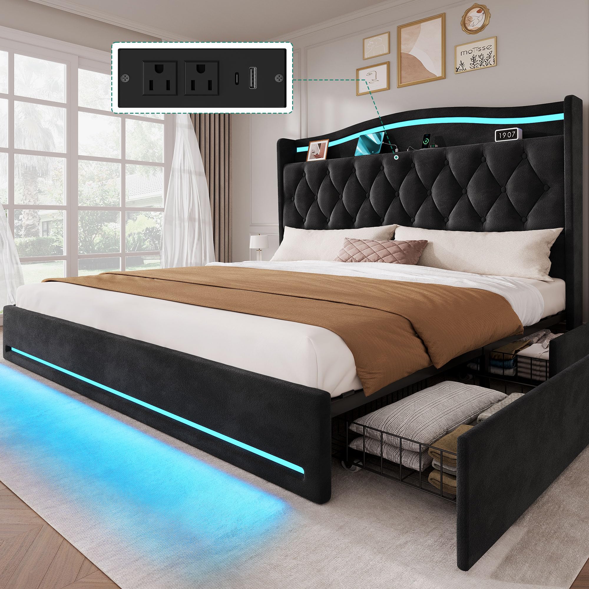 Photo 1 of ***02 LARGE BOXES***YITAHOME King Size Bed Frame with 4 Storage Drawers and RGB LED Lights, 57'' Tall Headboard Velvet Upholstered Bed with Charging Station, No Box Spring Needed, Easy Assembly, Noise-Free, Black