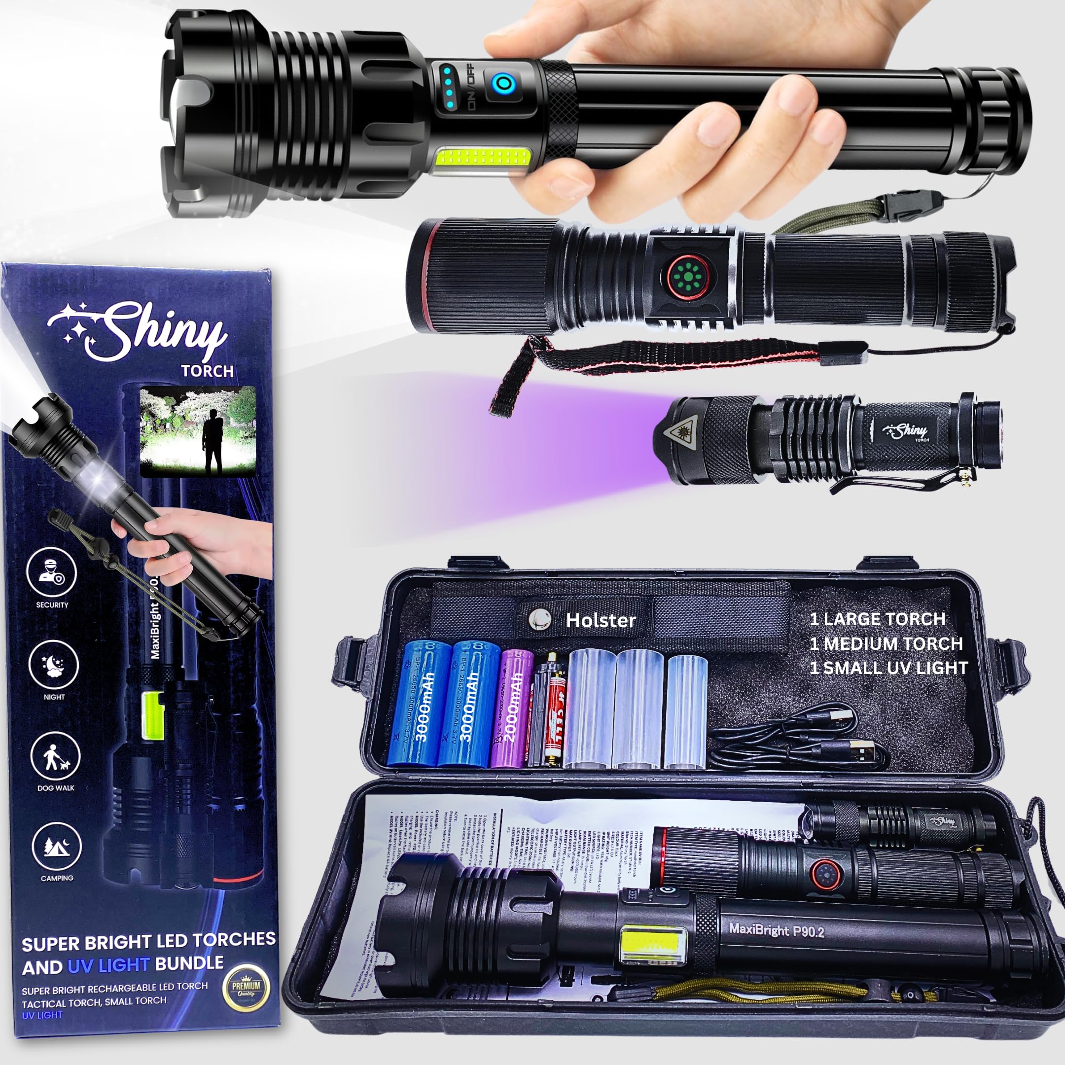 Shiny Torch MaxiBright P90.2: Super Bright LED Torch Rechargeable Flashlight Bundle - Includes UV Light, Tactical small Flashlight for Camping, Powerful Rechargeable Torches, Led Torch Super Bright.