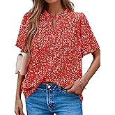 MASCOMODA Womens Tops Summer Boho Floral Short Sleeve Button Down Shirts Crewneck Loose Vacation Dressy Casual Work Blouses
