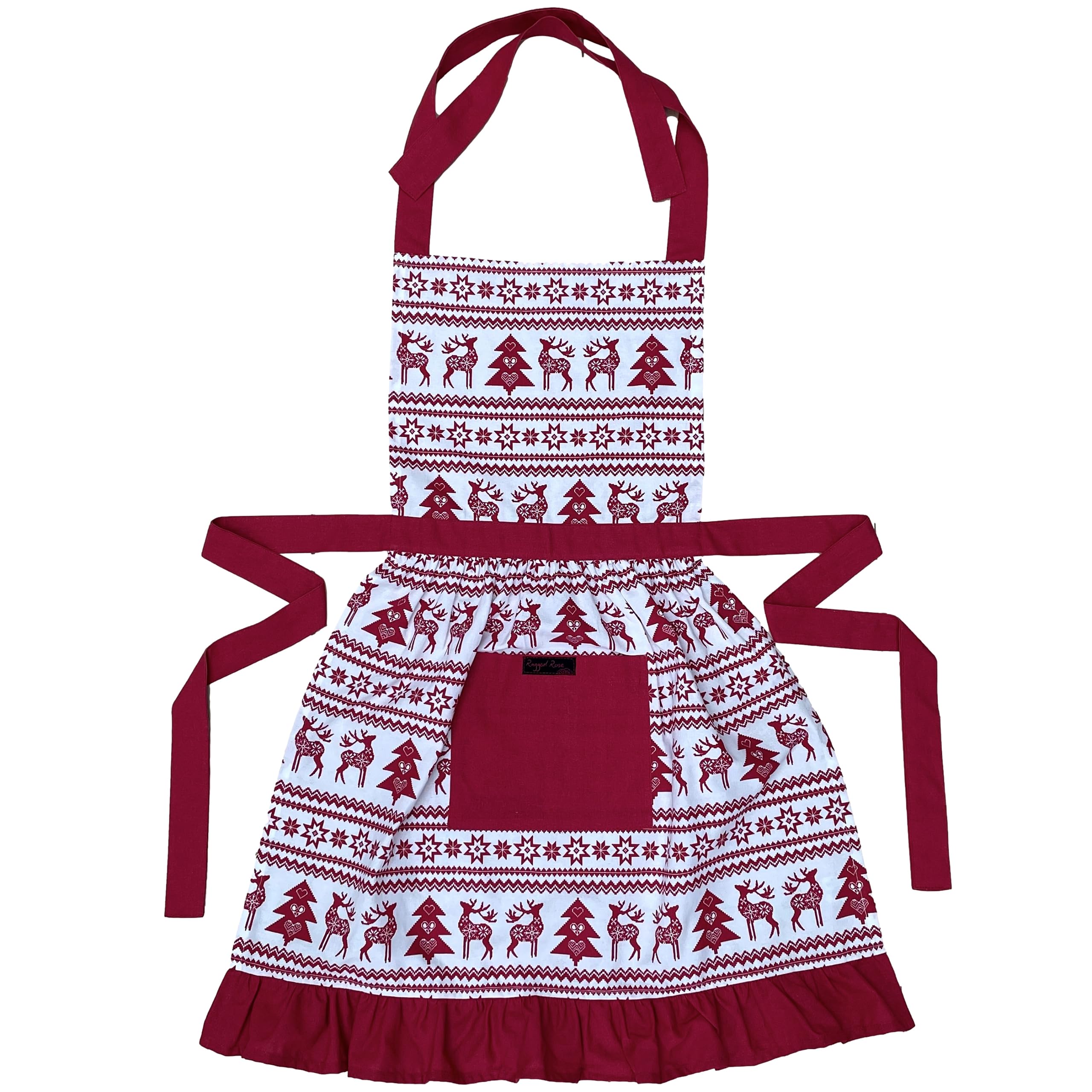 Ragged Rose Christmas Apron - Kids Aprons for Cooking & Dishwashing - Frilly Apron with Adjustable Neck Strap, Front Pocket, & Ties - Nordic Red Apron for 3-7 Years Old - 63 cm x 44 cm Cotton Apron