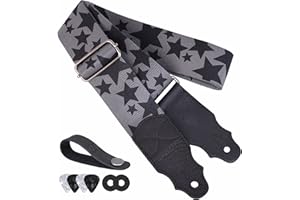 YIKOKO Guitar Strap Stars 2 Inches with Head Cowhide Leather End, for Acoustic and Bass Electric Guitars, with Free Strap Button, Strap Locks and Guitar Picks