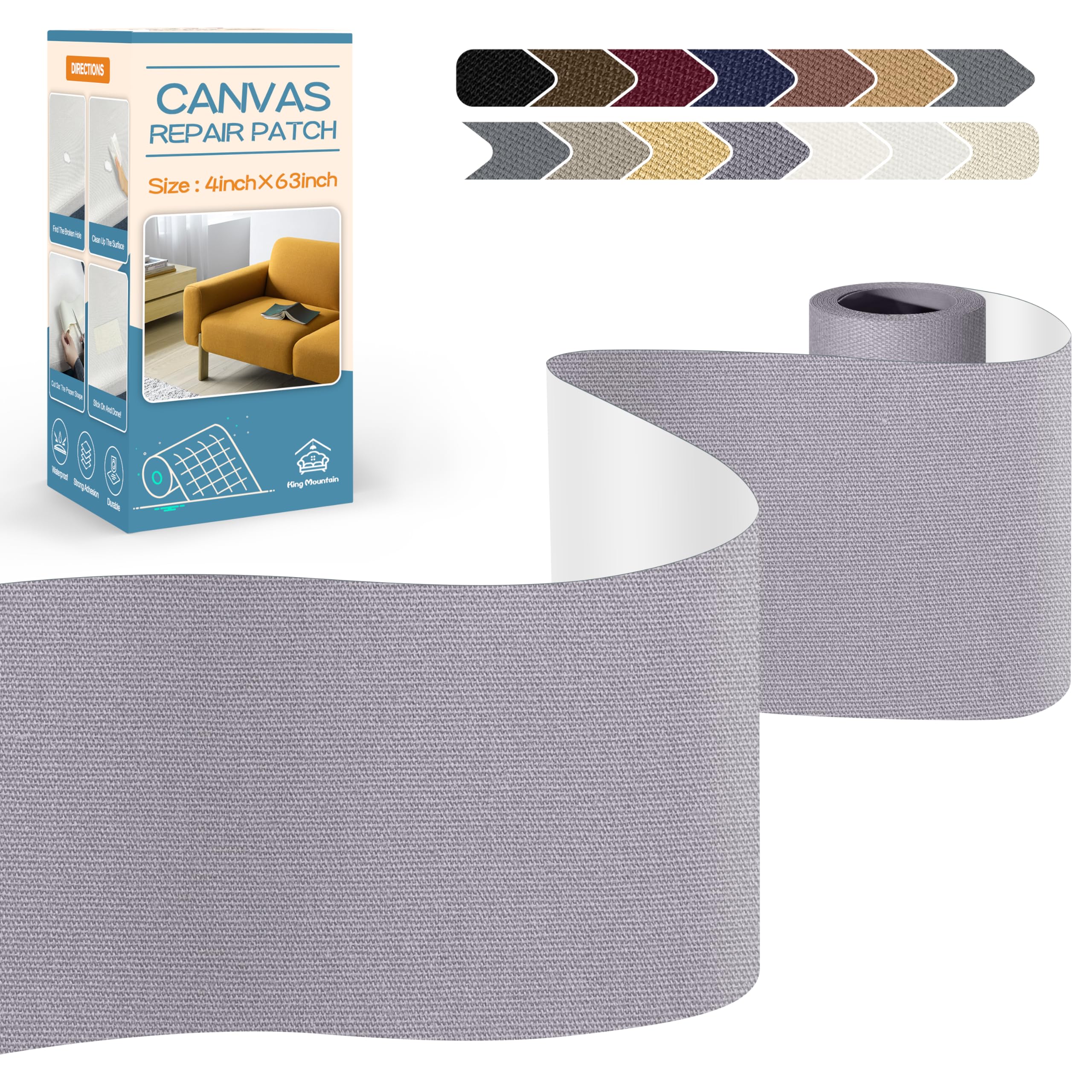 KING MOUNTAIN Canvas Repair Tape,Outdoor Gear Patch, 4×63 Inches,Waterproof,Self-Adhesive for Repairing Boat Covers,Sun Shades,Sofas,Tents,Lounge Chairs,Awnings (Light Grey)