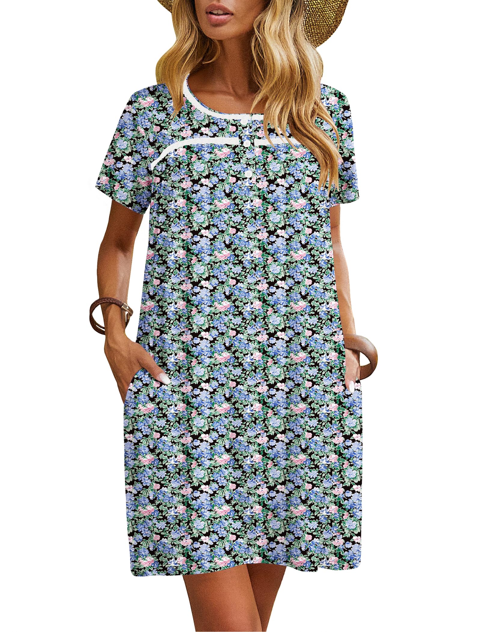 Ekouaer Women's Nightgown Short Sleeve Sleepwear Comfy Sleepshirts Scoopneck Nightshirt