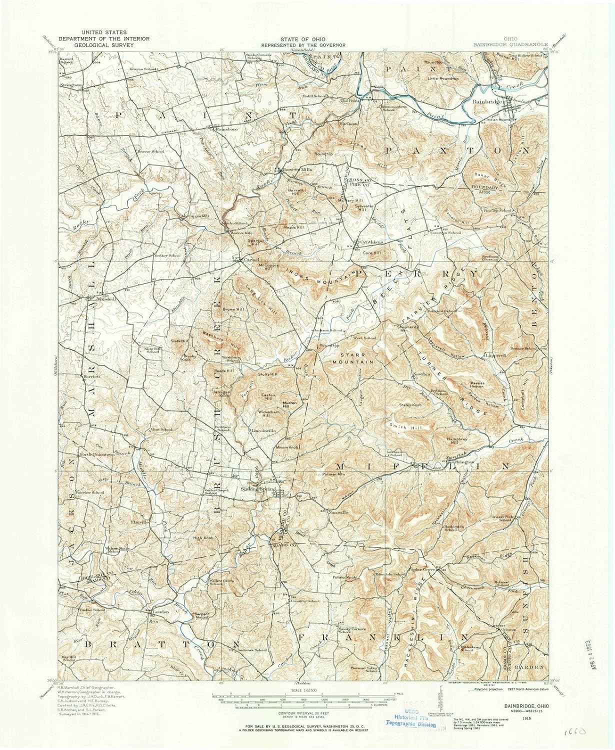 Ohio Maps 1915 Bainbridge, OH USGS Historical Topographic Wall Art 44in x 55in