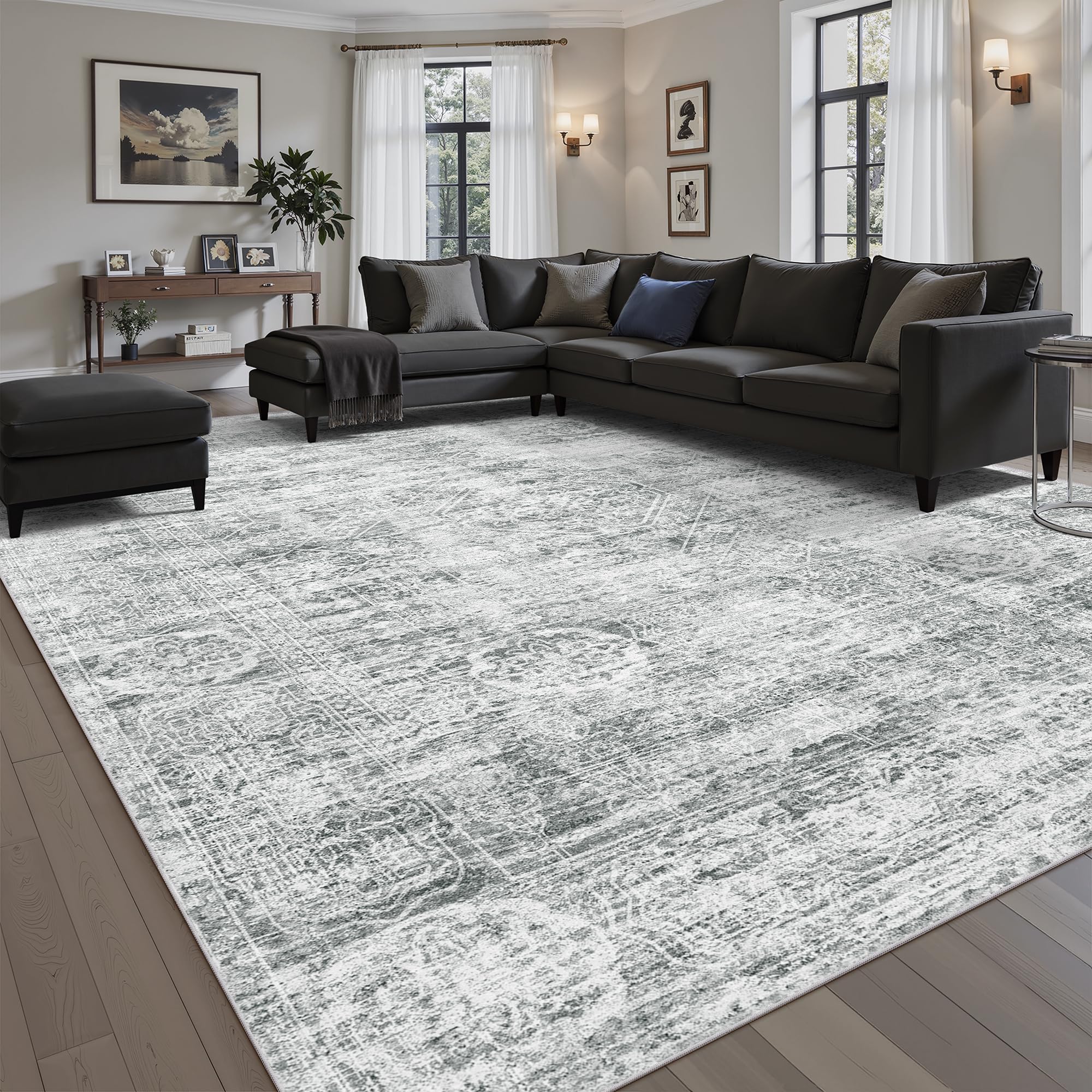 Madane 8x10 Area Rugs for Living Room, Machine Washable Vintage Grey Rug with Non-Slip Backing, Soft Throw Large Rug, Thin Carpet for Bedroom Dining Room Farmhouse Under Table