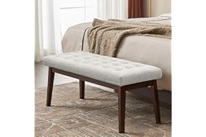 Befurtori Linen Wood Upholstered Bench, Bedroom Bench End of Bed, Padded Bench for Living Room Entryway, Dining Bench with Solid Wood Legs and Button-Tufted(Light Gray)