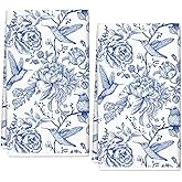 Chinoiserie Floral Kitchen Towels Blue White Flowers Bird Dish Towels 18 x 28 Inch Decorative Hand Drying Tea Towel for Farmhouse Cooking Baking Cleaning Wipes, Set of 2