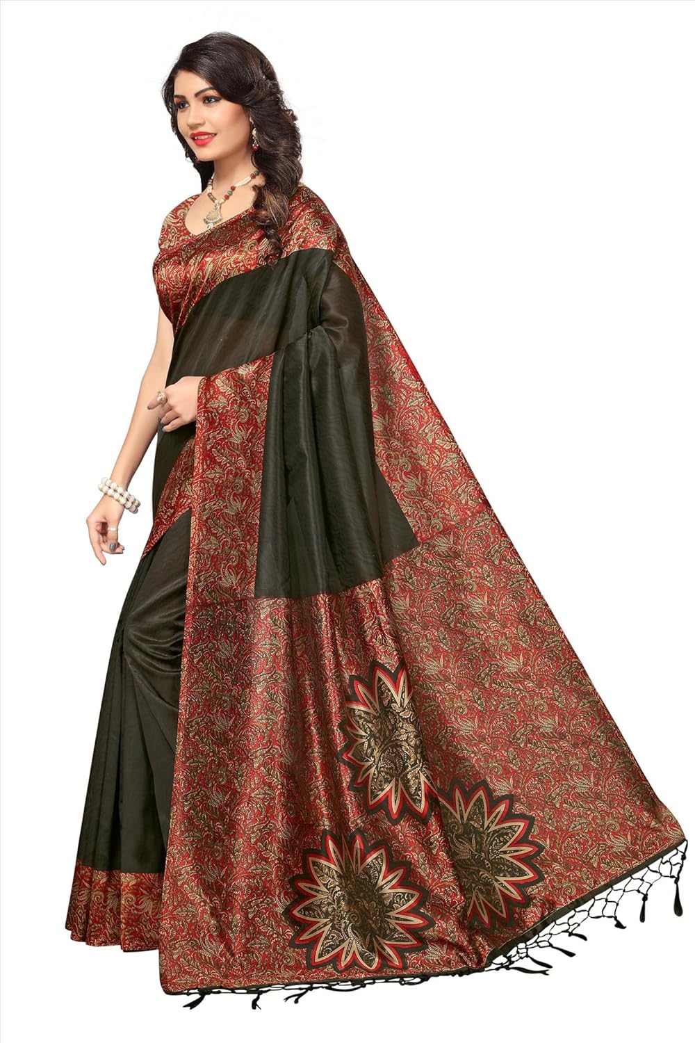 indira designer women's art mysore silk saree with blouse piece (star-red)