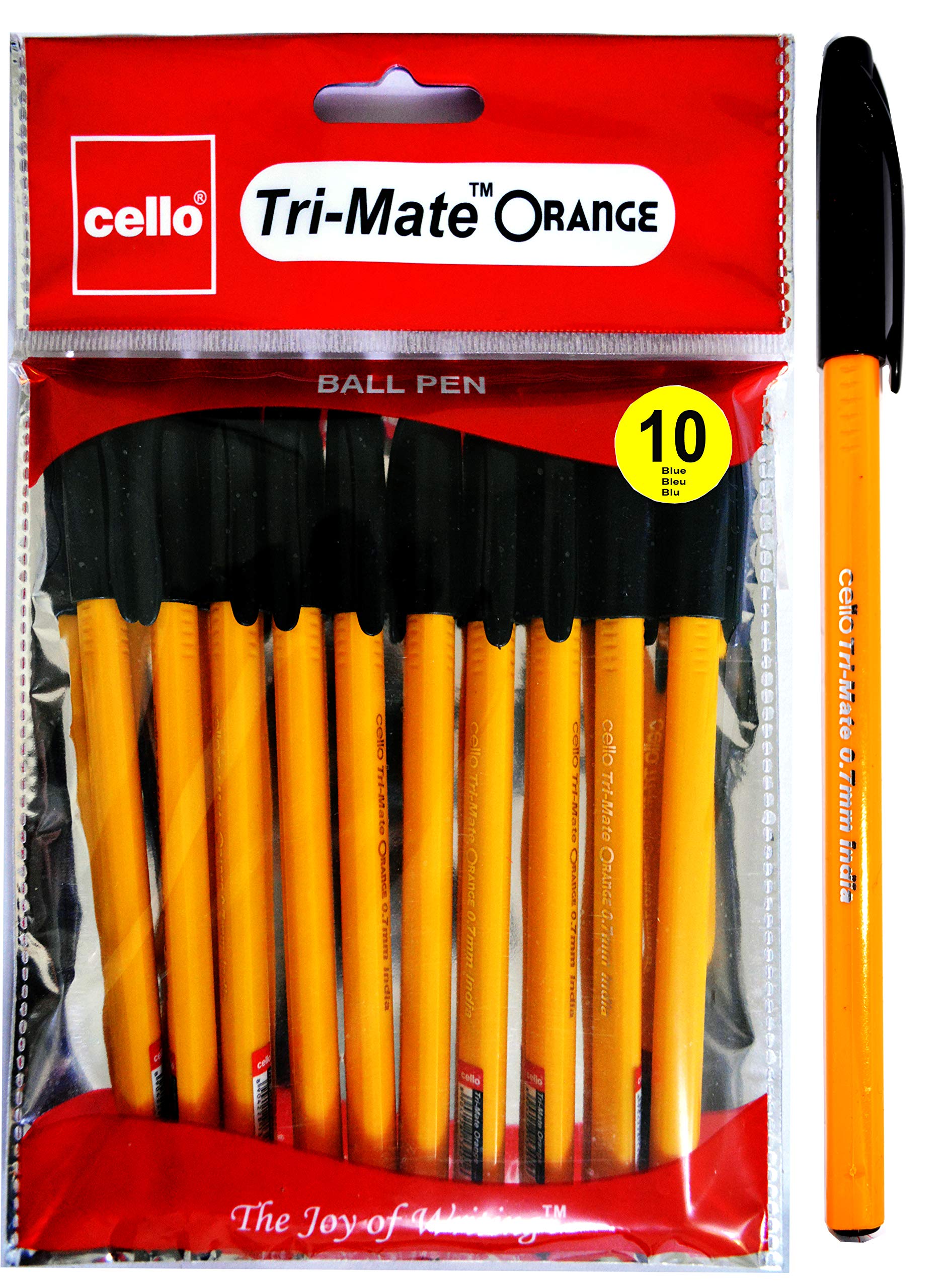 Cello Tri-Mate Orange Fancy Ballpoint Pens 1.0 mm Medium Point Biro Black Pens, Pack Of 10