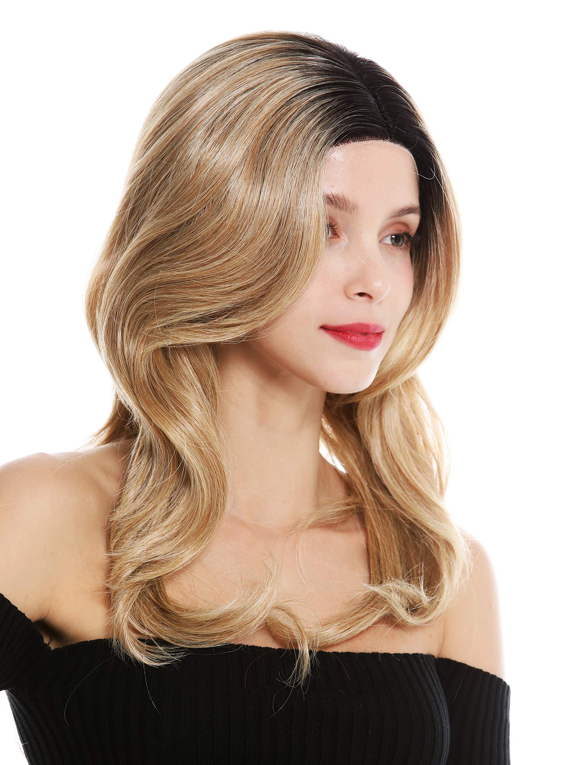 WIG ME UP - VK-12-MF women's quality wig monofilament middle parting lace front 23.5 inches long wavy ombre black blonde balayage