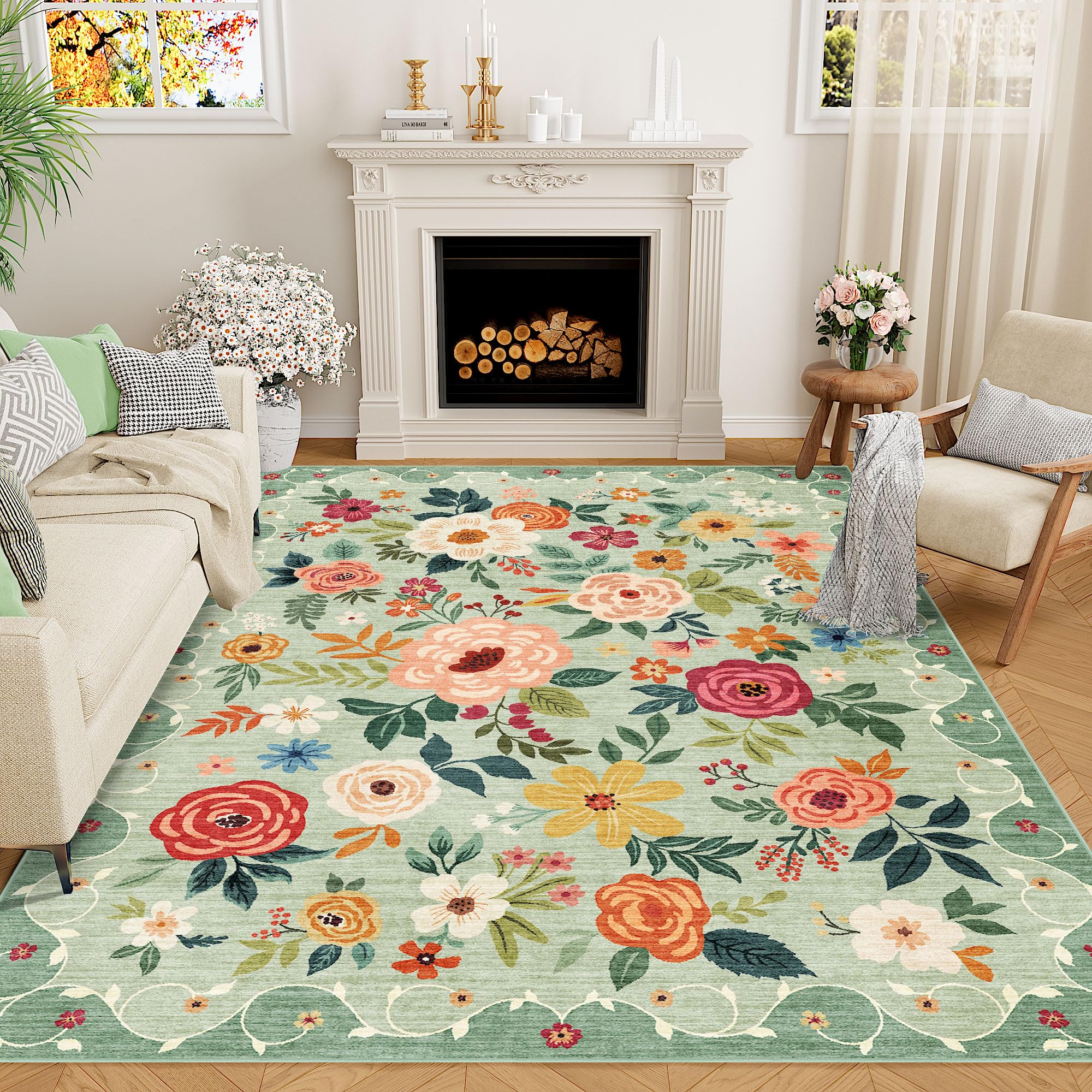 DUKINO 6x9 Area Rug, Floral Rugs for Living Room, Lightweight Non Slip Washable Rug, Indoor Low Pile & Non-Shedding Boho Design Rugs for Bedroom, Living Room, Dining Room, Green Image