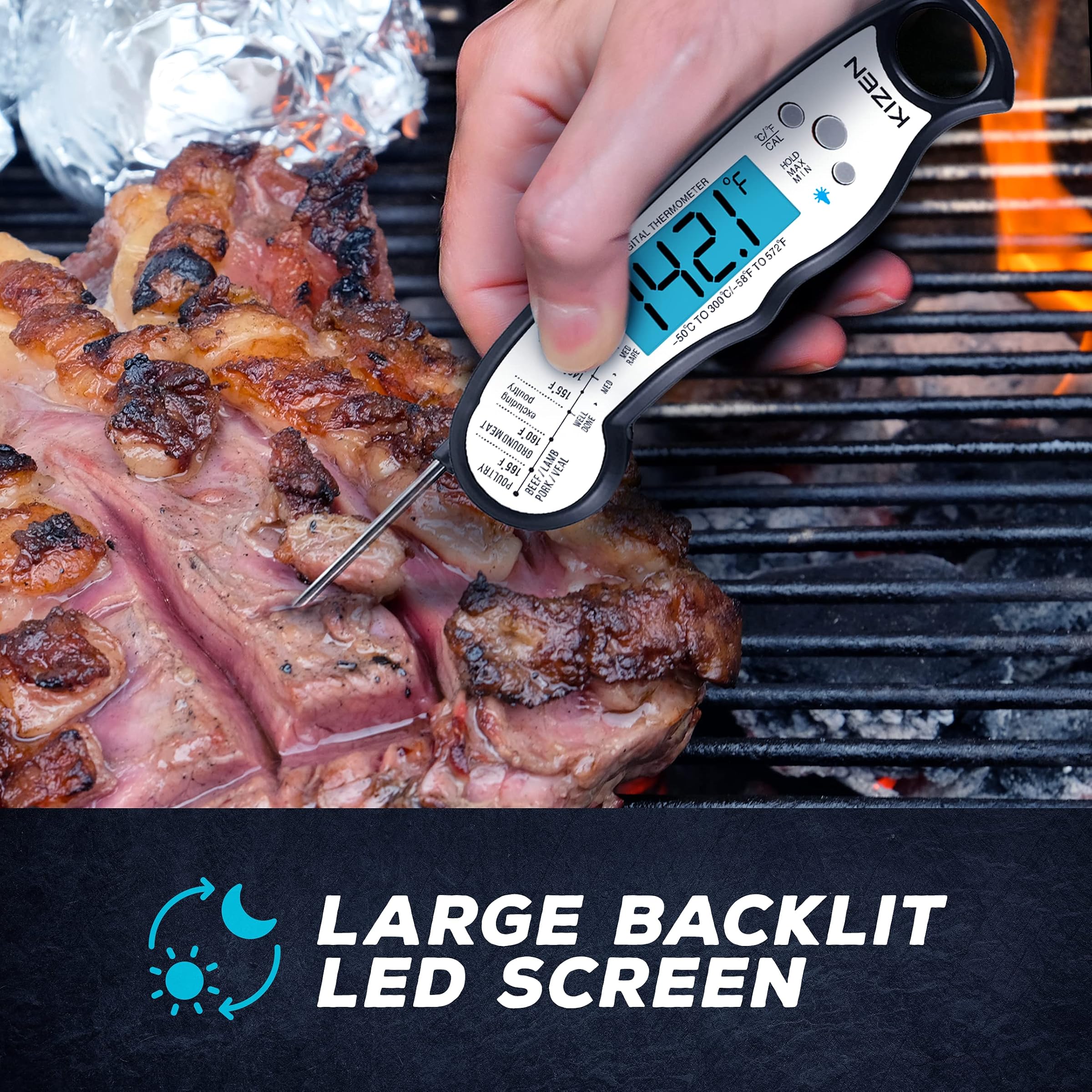 Kizen Instant Read Meat Thermometer - Best Waterproof Ultra Fast Thermometer with Backlight & Adjustable Function, Kizen Digital Food Thermometer for Kitchen, Outdoor, Cooking, BBQ, Grilling!