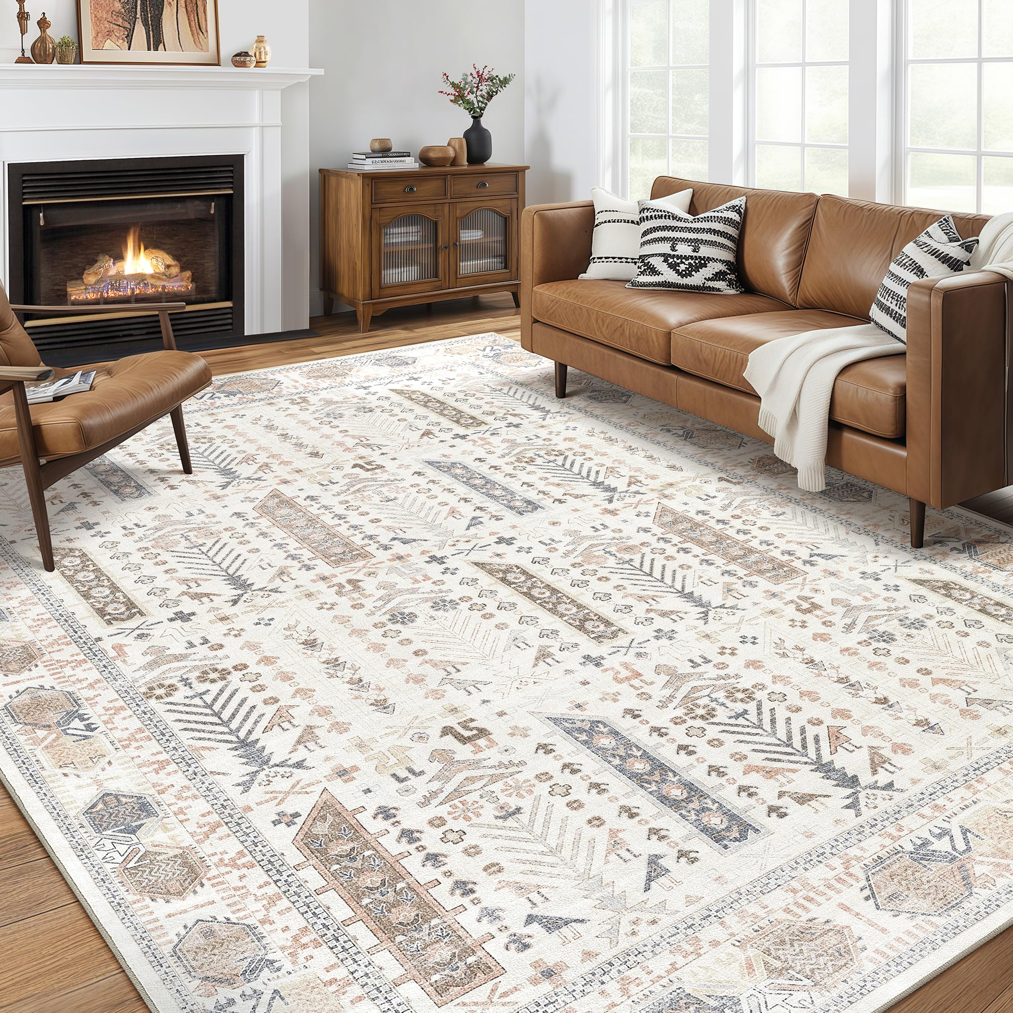 7x9 Area Rug for Living Room- Machine Washable Soft Oriental Vintage Large Indoor Floor Carpet for Bedroom Under Dining Table Home Office Decor - Beige Image