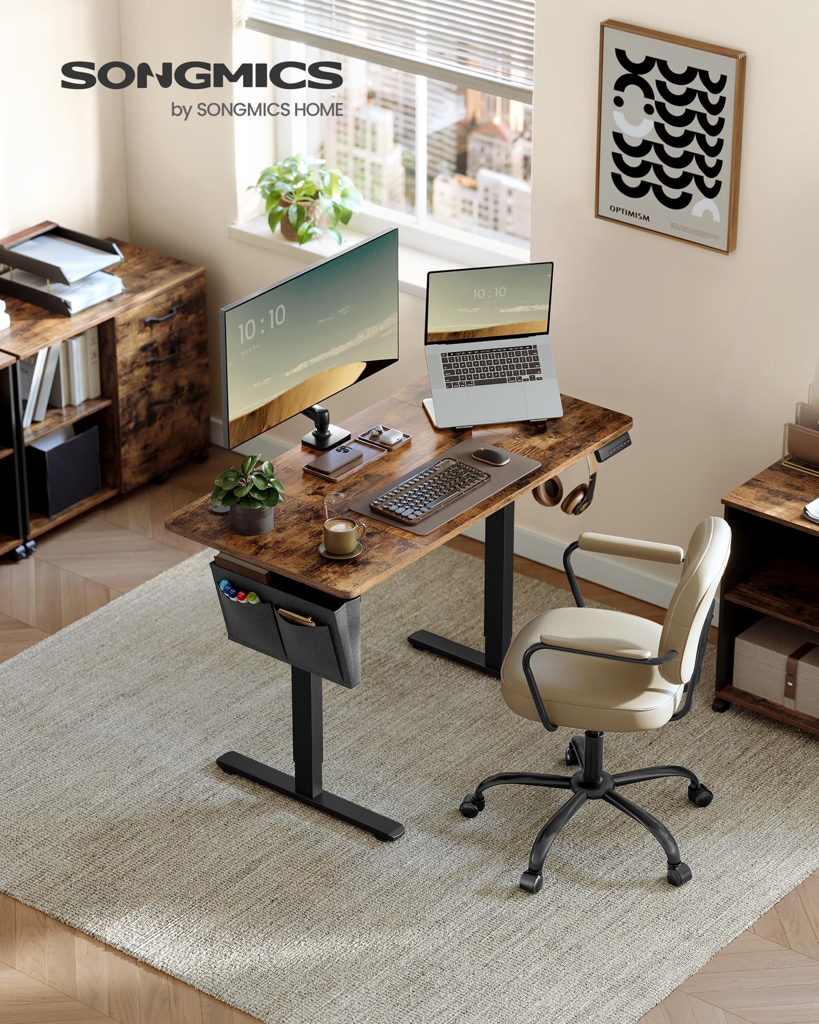 SONGMICS Höhenverstellbarer Schreibtisch elektrisch, 120 x 60 cm, Verstellbarer Tisch, Memory-Funktion für 4 Höhen, für Büro, vintagebraun LSD132K01 3