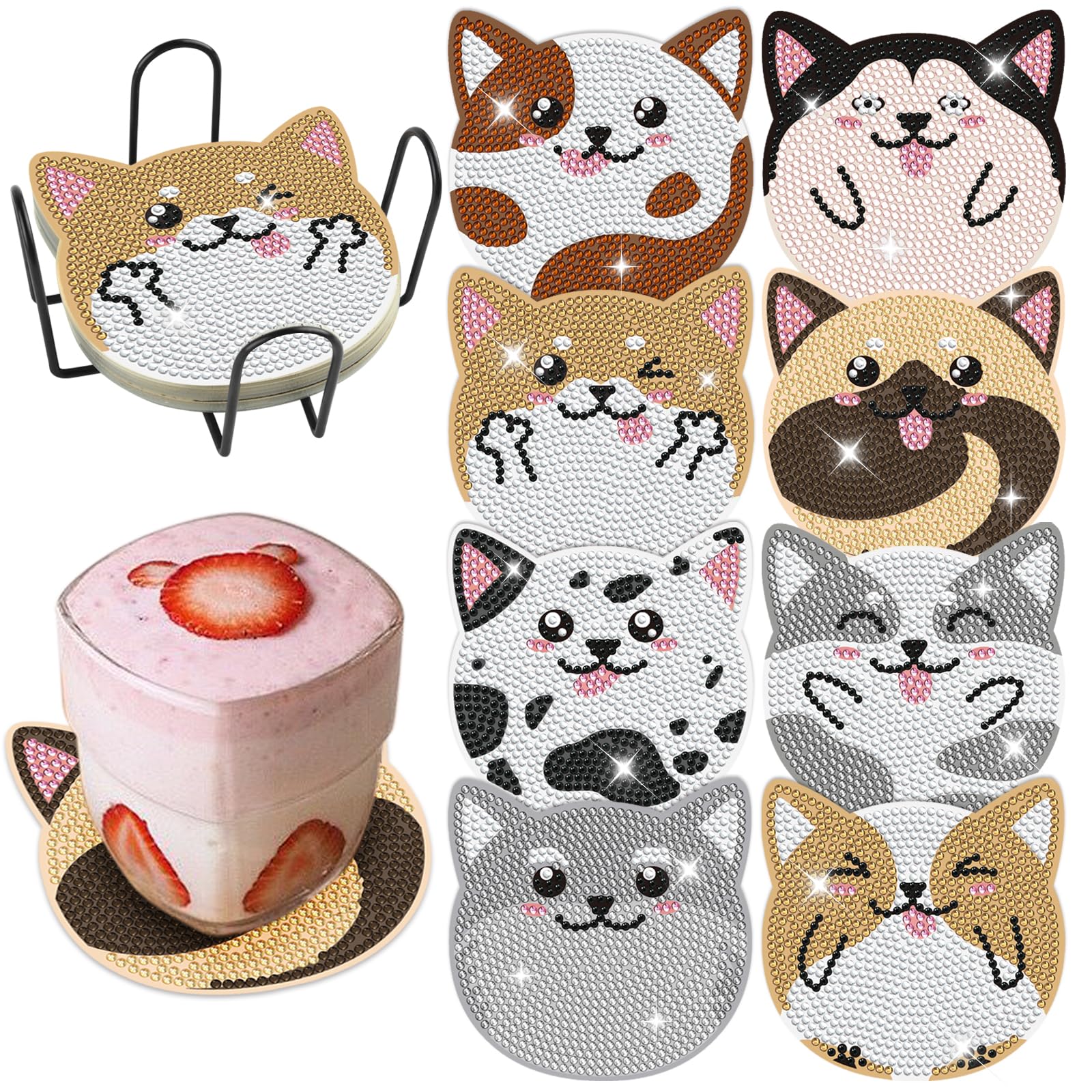 Bouiexye Diamond Coasters Art Painting Kit, 8pcs Diamond Dog Art Coasters with Holder DIY Diamond Crafts Art Supplies for Adults Kids Beginners Beach House Decor