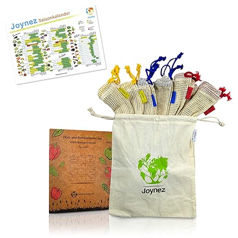 Joynez Wiederverwendbare Obst- und Gemüsebeutel, nachhaltige Bio-Baumwolle, Set Einkaufsnetze inkl. Brot-Stoffbeutel (7er Set