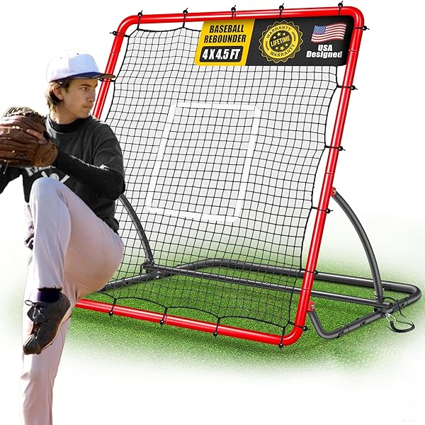 TELURY HEAVY DUTY BASEBALL REBOUNDER NET 4X4.5 FT PITCHBACK WITH 3 ADJUSTABLE ANGLES, BASEBALL AND SOFTBALL BOUNCE BACK NET FOR GROUND, LINE DRIVE, FLY BALL RETURN SETTINGS FIELDING TRAINER (RED)