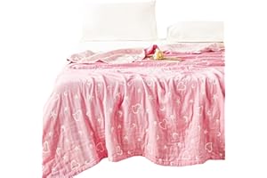 MEJU Love Star Moon Pink Heart Girls Muslin All Season Blanket Decorative for Bed Sofa Couch 100% Cotton 3 Layer Soft Warm Reversible Bedspread Throw Blanket Bed Coverlet Sheet Twin 60 in x 80 in