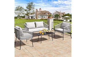 YITAHOME 4-Piece Patio Furniture Outdoor Bistro Set, All Weather Double Gray Rope Conversation Loveseat for Backyard, Balcony, Deck with Soft Cushions and Metal Table (Gray)