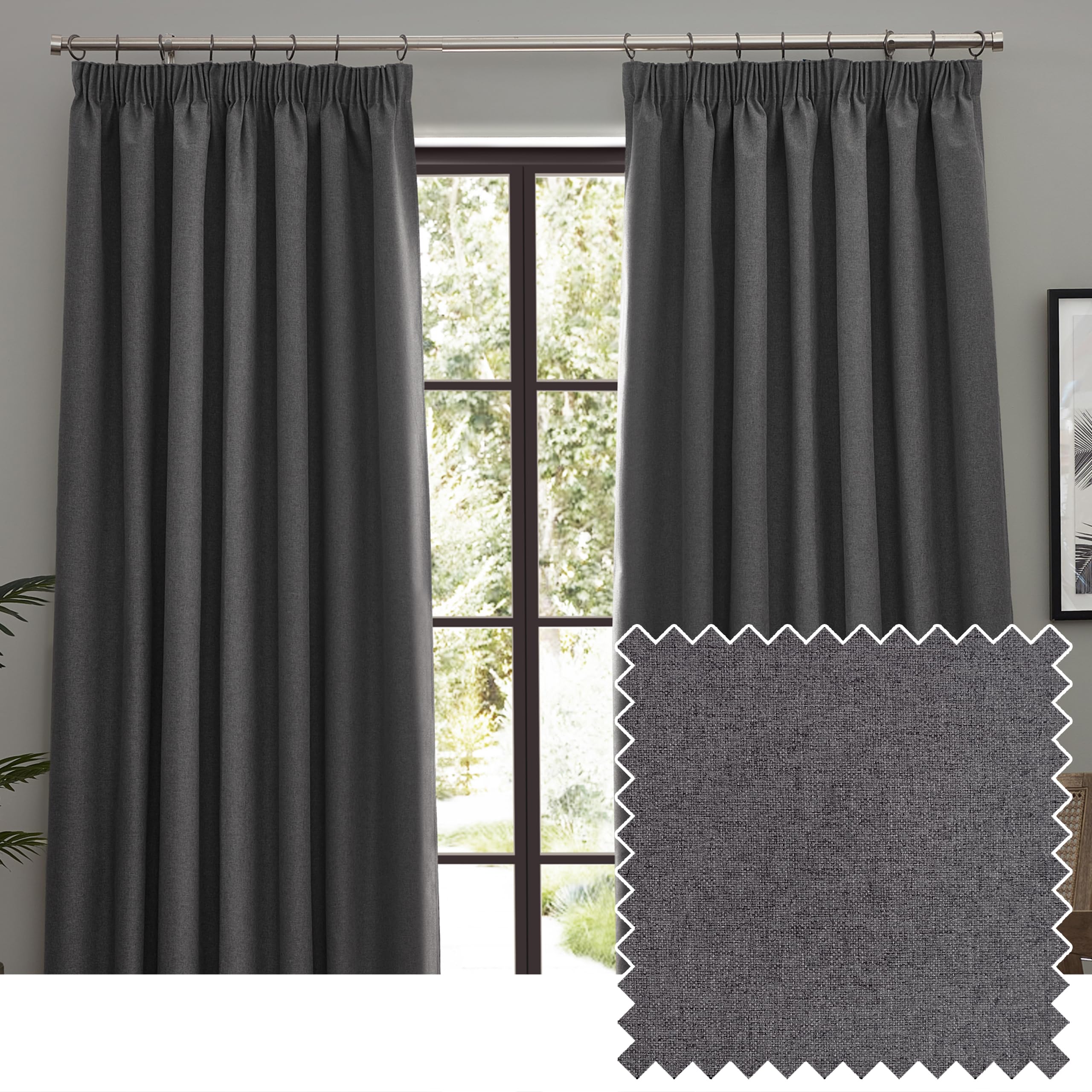 furn. Dawn Textured Blackout Pencil Pleat Curtains – Thermal Lined Pair (Charcoal - Width 229 x Drop 183cm)