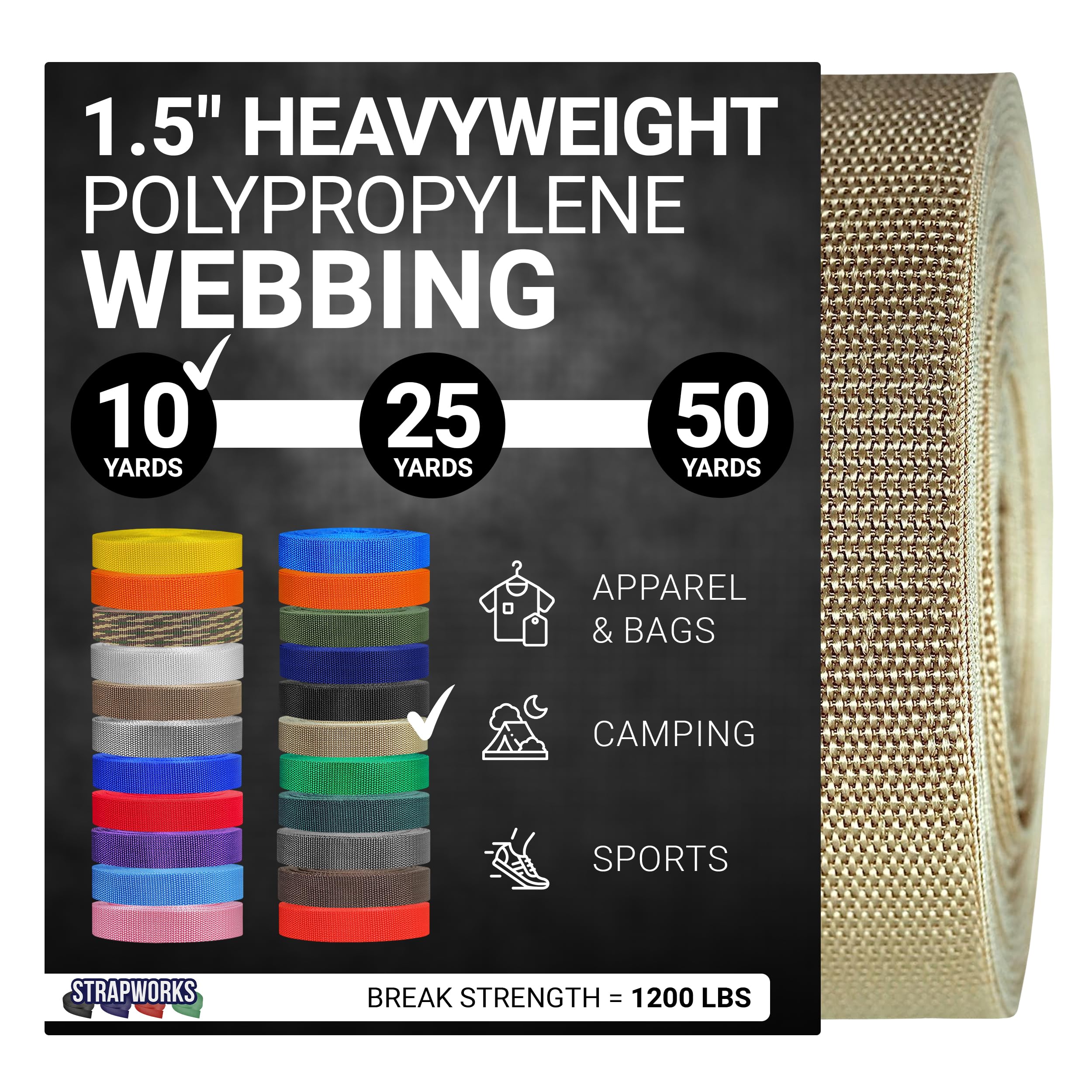 Strapworks Heavy Duty Poly Strapping for Outdoor DIY Gear Repair, 1.5 Inch, Khaki, Polypropylene, 1.5" x 10 Yard