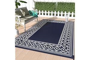 GENIMO Outdoor Rug 6'x9' for Patio Waterproof Clearance, Reversible Outdoor Plastic Straw Rug Carpet, Large Area Rugs Camping Mat for RV, Deck, Camper, Decor, Balcony, Beach Blue&White