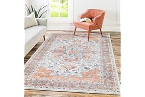 Mcadore 5x7 Washable Boho Area Rug - Non Slip, Foldable Indoor Carpet for Living Room, Bedroom, Kitchen - Tangerine/Multi Color, Easy to Clean, Durable and Stylish