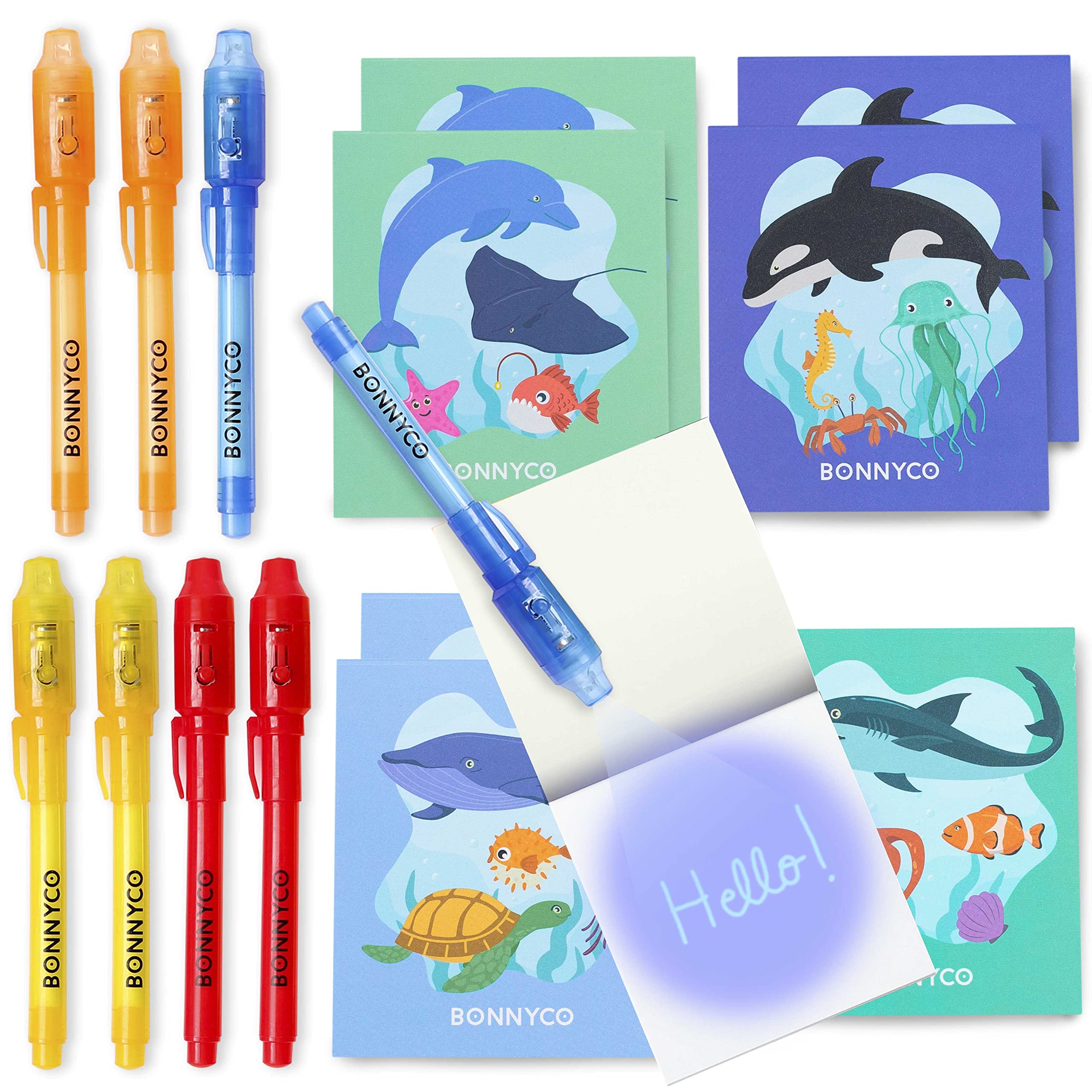 BONNYCO Invisible Ink Pen and Notebook, Pack 8 Sea Animals. Ocean Party Bags Fillers and Pinata Toys, Birthday Decorations. Stocking Fillers for Kids Birthday, School Prizes, Gifts for Children