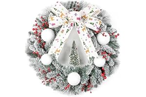 WREATHS WISH Wreath Wish Christmas Wreath, Front Door Artificial Christmas Wreath Decorated with Podocarpus, Holly Berries, Christmas Atmosphere Balls for Indoor Outdoor Christmas Decoration 24 Inch