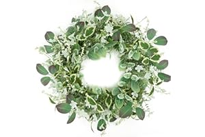 Furisin Green Eucalyptus Leaf Spring Wreath for Front Door,Summer Wreath with White Wildflowers&Abundant White Berries,Artificial Flower Wreath for Home Porch Farmhouse Indoor Outdoor Decoration