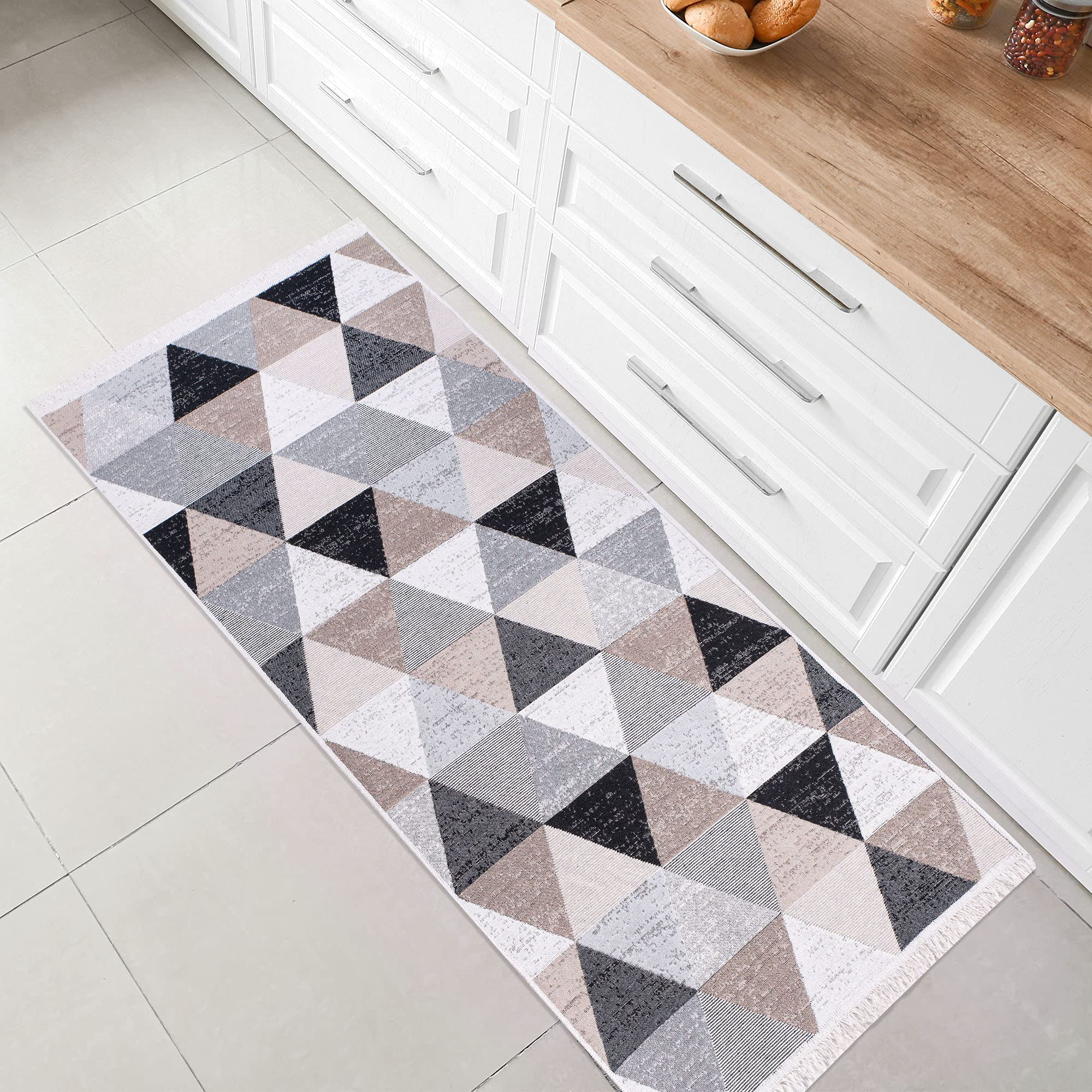 Jimri Fashion4Home Rug Runner - Rug for Living Room, Bedroom, Kitchen, Children's Room, Bathroom - Boho Kilim - Runner Hallway, Checked Grey, Size: 60 x 180 cm