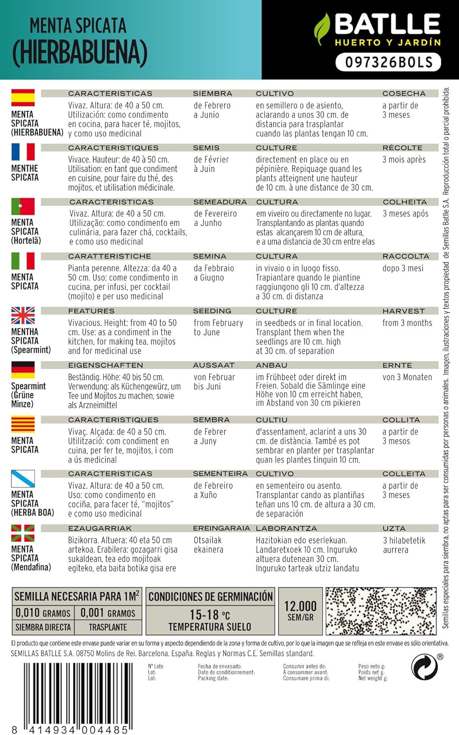 Semillas Aromáticas - Menta Spicata (Hierbabuena) - Batlle: Amazon ...