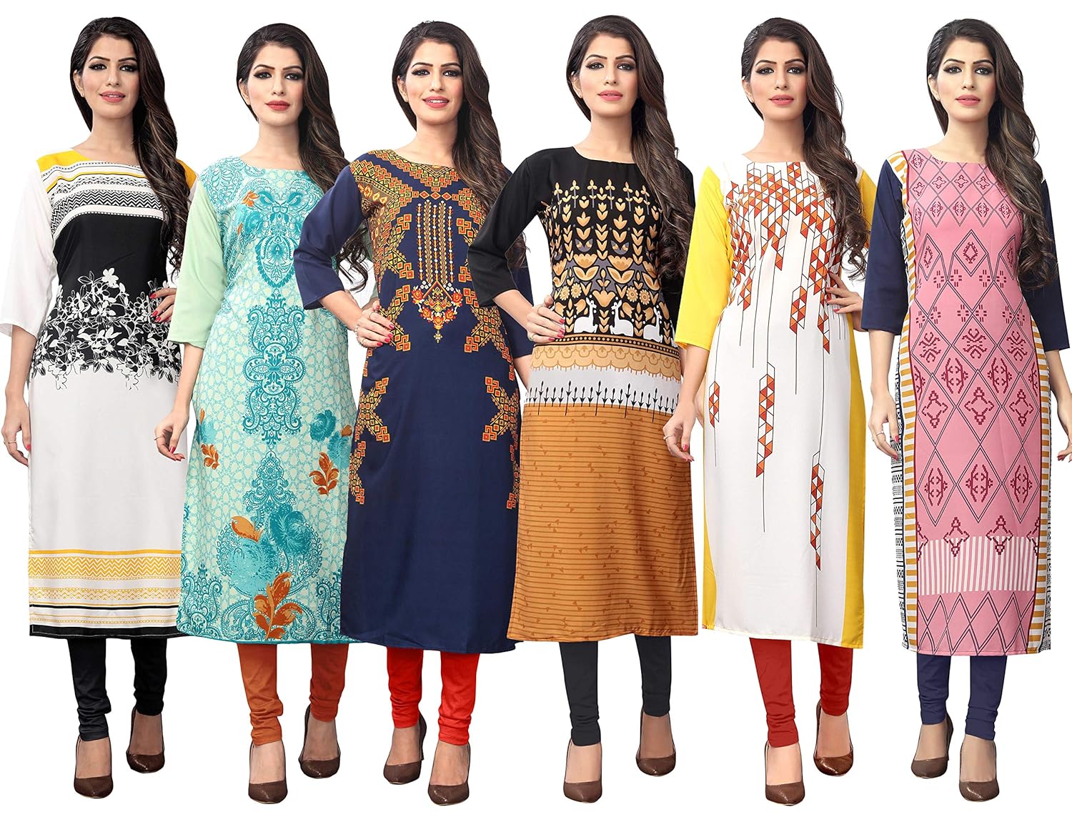1 stop fashion women's multi-coloured crepe knee long w style kurtas/kurti combo (set of 6)