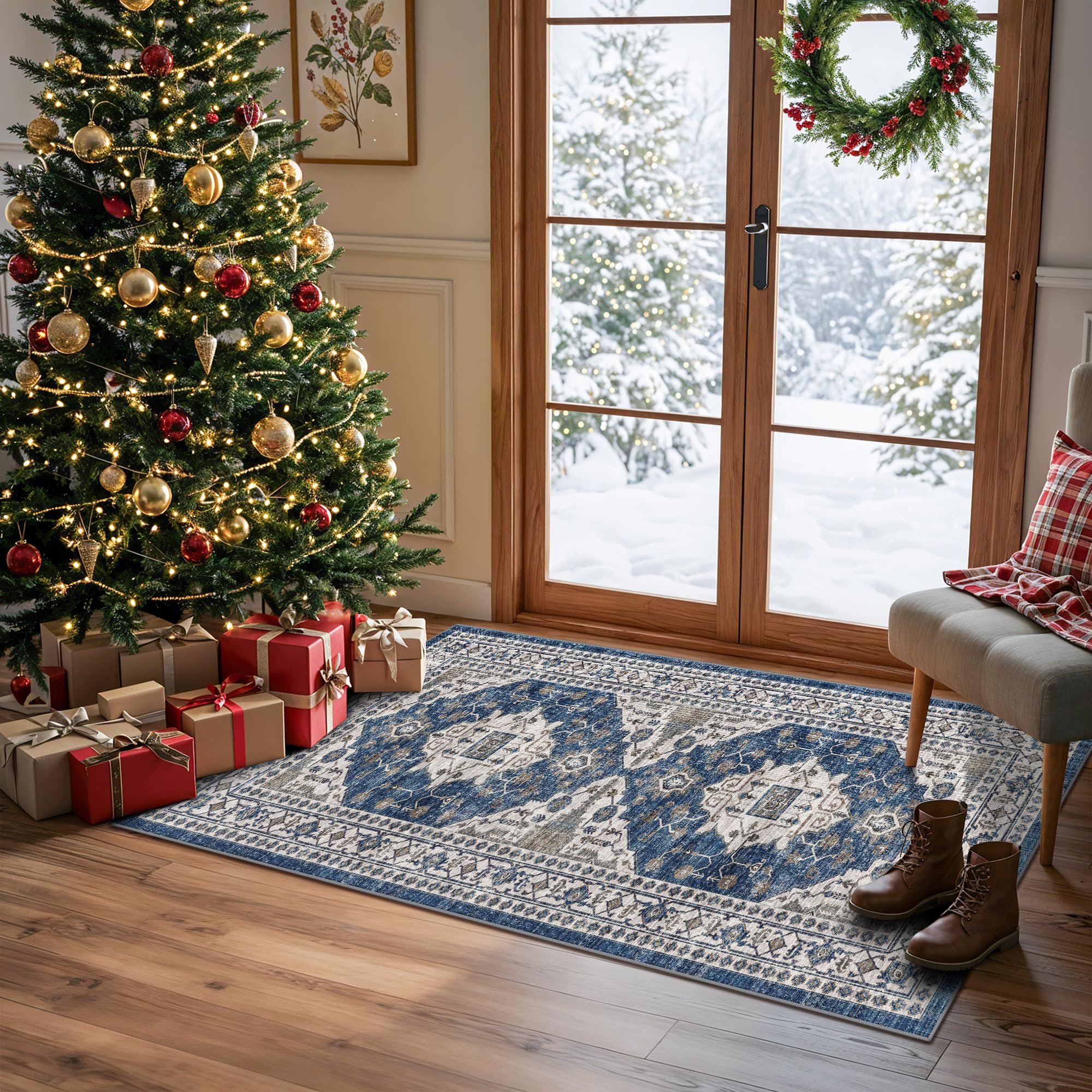 Photo 1 of 2x4 Non-Slip Entryway Area Rugs: Washable Stain Resistant Kitchen Carpet Printed Doormat Soft Low Pile Nursery Rug Vintage Small Floor Mat for Hardwood Bedroom Cozy Home Decor fot Family(2x4,Blue)