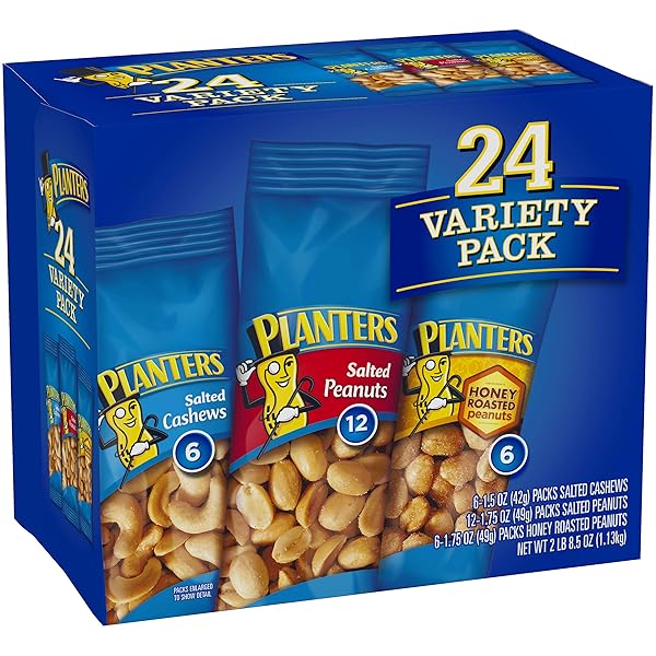 PLANTERS VARIETY PACKS (SALTED CASHEWS, SALTED PEANUTS & HONEY ROASTED PEANUTS), 24 PACKS – INDIVIDUAL BAGS OF ON-THE-GO NUT SNACKS – NO CHOLESTEROL OR TRANS FATS – SOURCE OF FIBER AND HEALTHY FATS