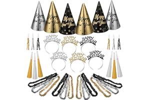 Auihiay 2026 New Year Eve Party Supplies - Includes Cone Hats, Glitter Tiaras, Horns, Noise Makers, Leis | 36PCS Black & Gold New Years Decorations for 12 Guests, Happy New Year 2026 & Photo Props