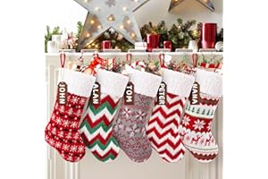Ryoizen Christmas Stockings 5 Pack,16'' Xmas Stockings with Wool Knitted Stripe Plush Faux Fur Cuff Stockings for Stairs Fireplace Hanging Home Party Family Holiday Decor