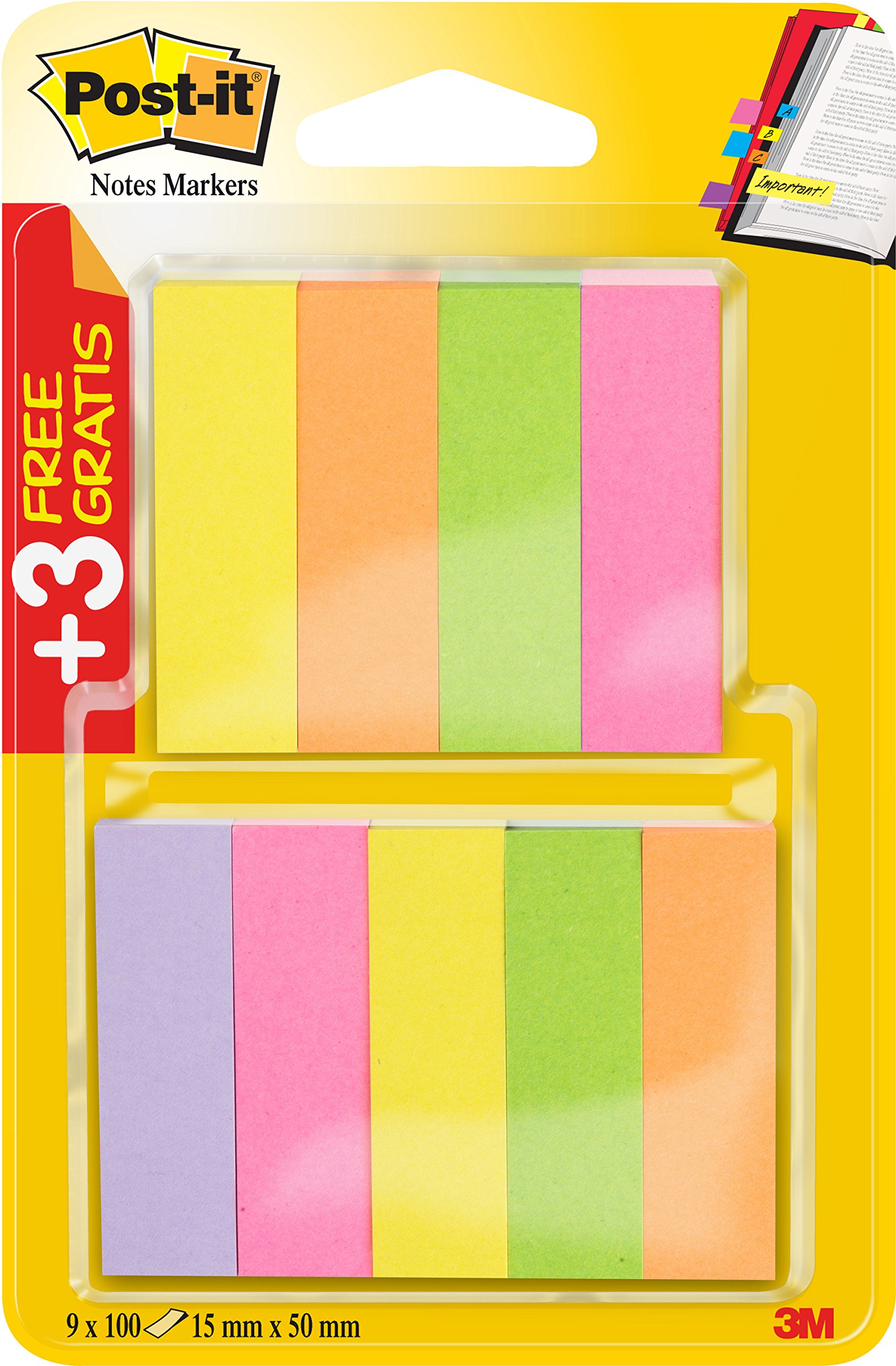 Post-it 670-6+3 Page Marker Blocks Narrow 15 x 50 mm, 9 x 100 Sheets Fluorescent Pink / Fluorescent Green / Fluorescent Yellow / Fluorescent Orange / Fluorescent Purple