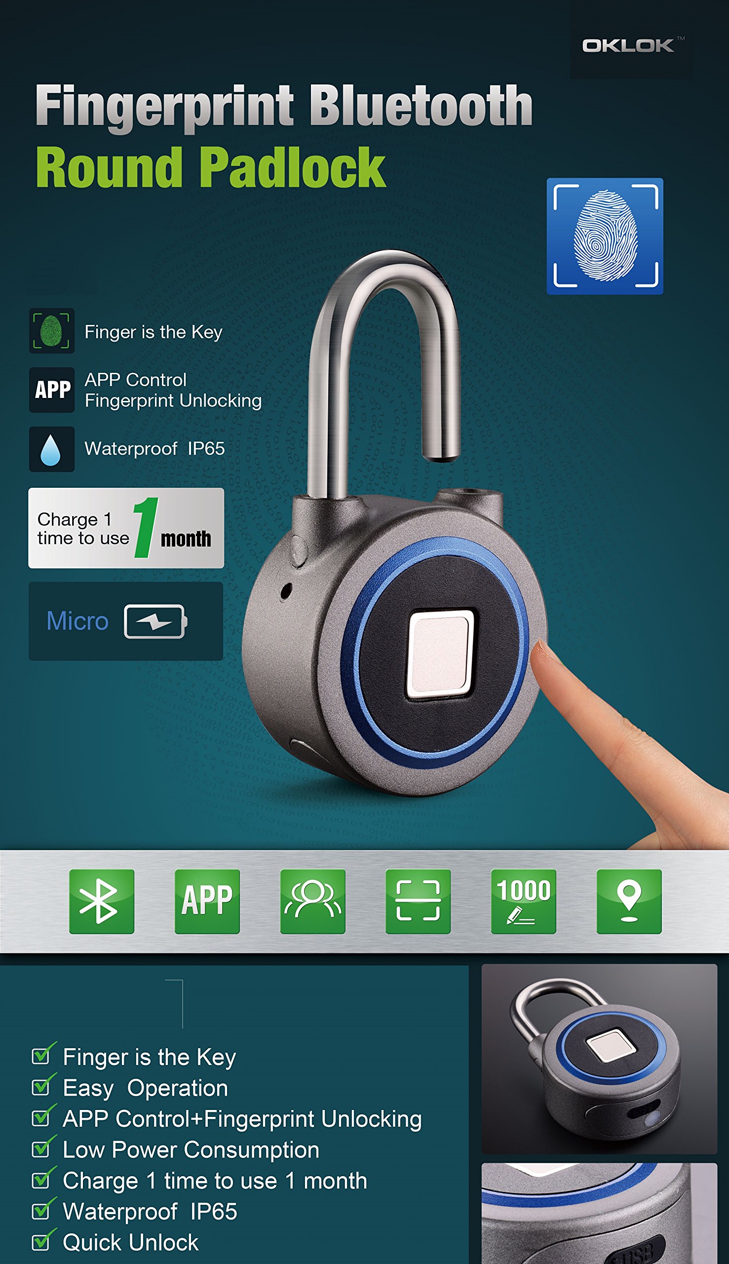 Fingerprint Padlock, Bluetooth Connection Metal Waterproof, Suitable For House Door, Backpack, Suitcase, Bike, Gym, Office, App Is Suitable For Android/Ios