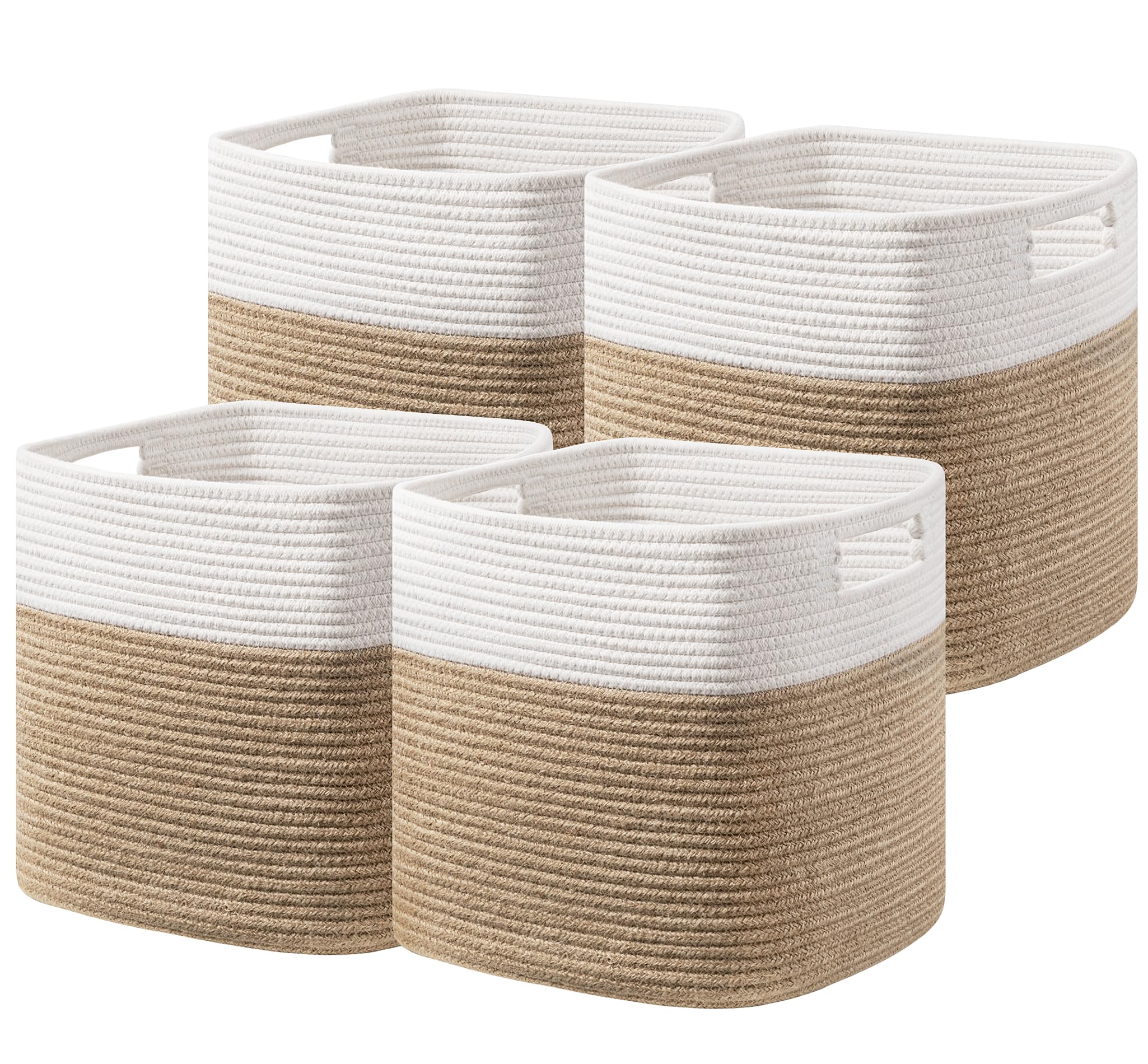 Photo 1 of UBBCARE Set of 4 Storage Basket-13 X 13 X 13 in, Cotton Rope Basket for Shelves, Toys, Book, Cube Storage Bins with Handles, Woven Storage Basket for Organizing, White & Jute