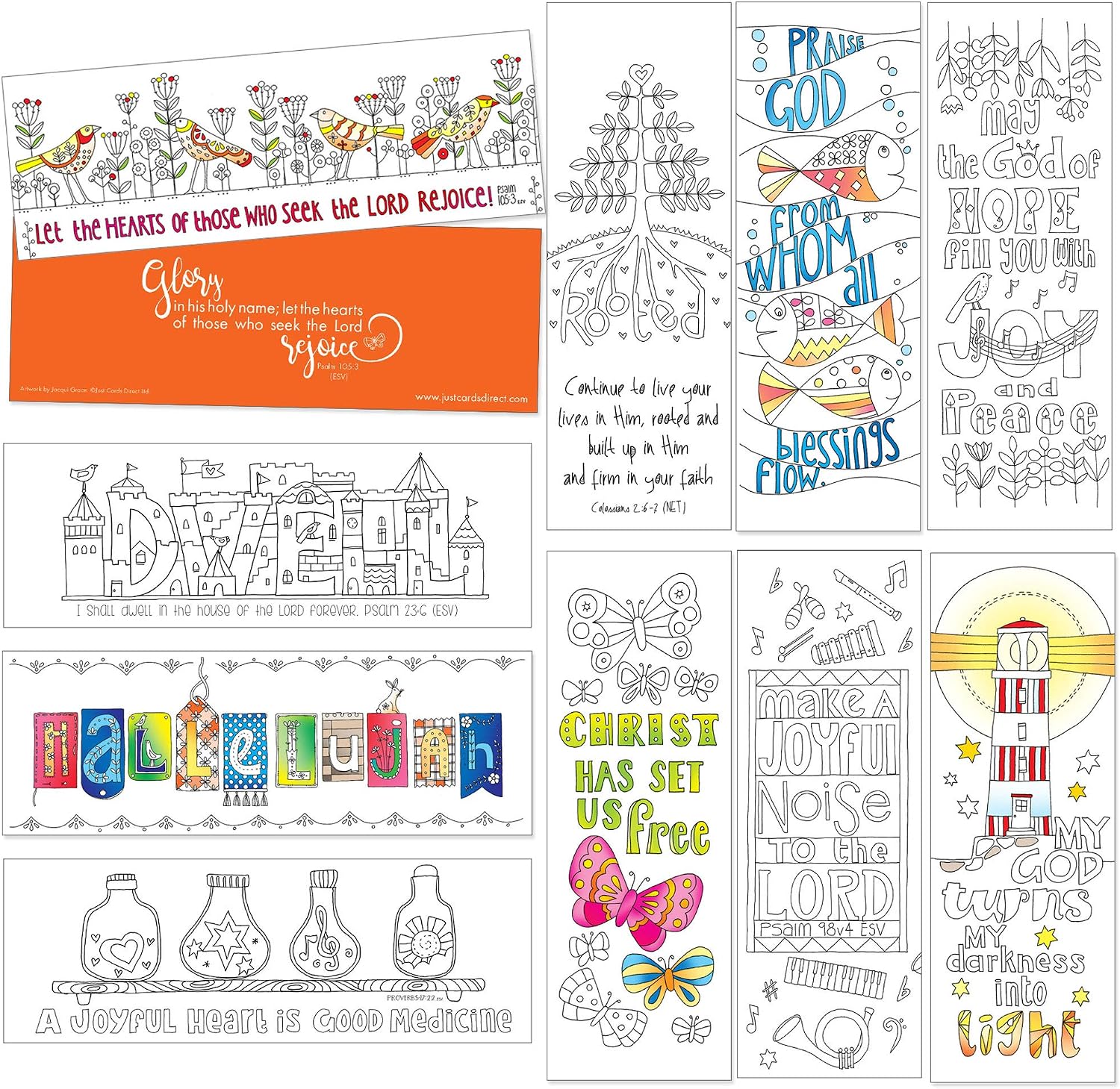 Christian Colouring Bookmarks, Images of Joy, Pack of 10 Different Designs - Image 3