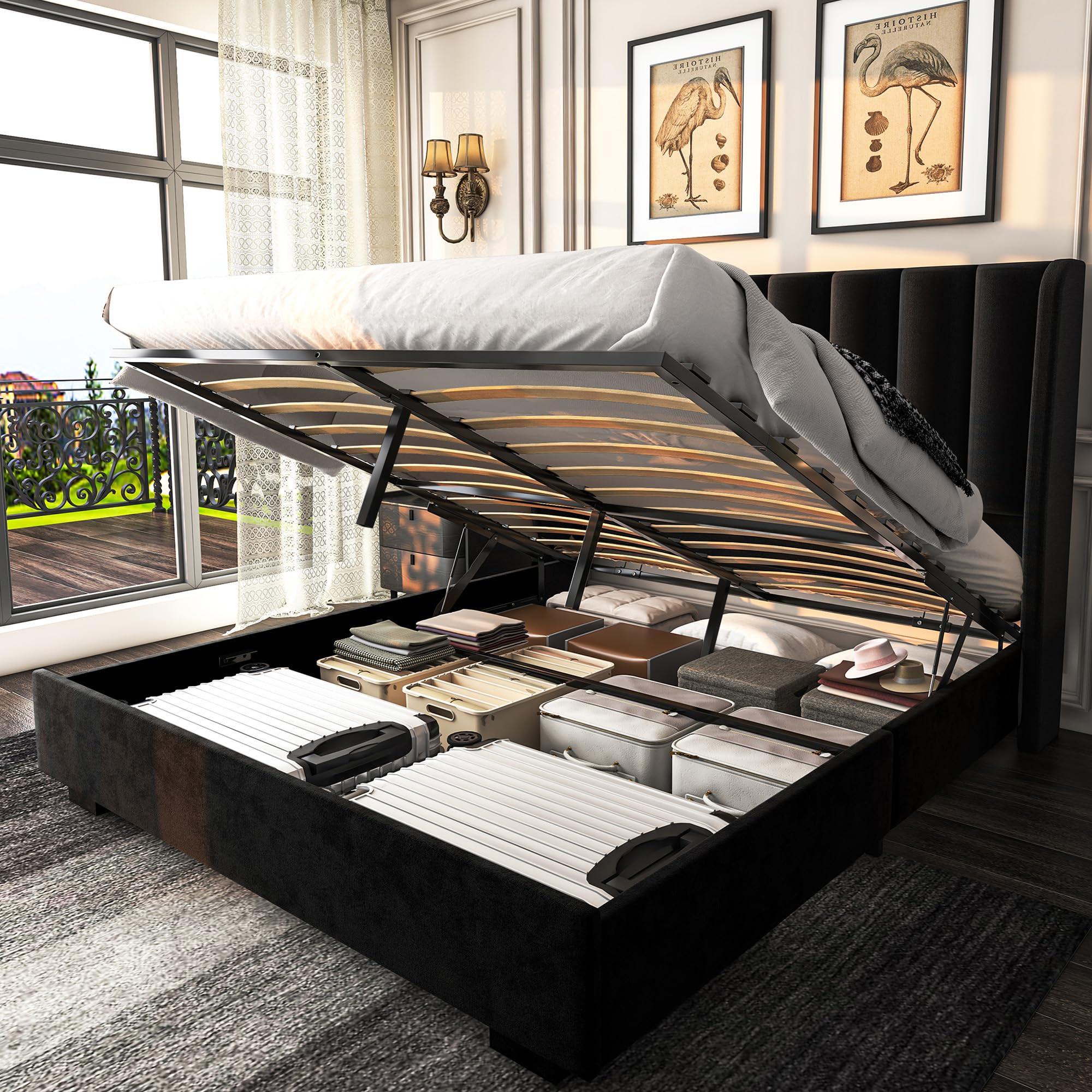 Photo 1 of *** BOX ONE ONLY***knoworld Queen Size Lift Up Storage Bed Frame with 51" Tall Headboard, Upholstered Velvet Wingback Tufted Design, Wood Slats Support, No Box Spring Required, Noise-Free Double Bed Frame (Queen,Black)