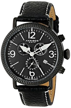 Akribos XXIV Mens AK753BK Swiss Chronograph Quartz Movement Watch with Black Matte Dial and Black with Cream Stitching Leather over Nubuck Strap