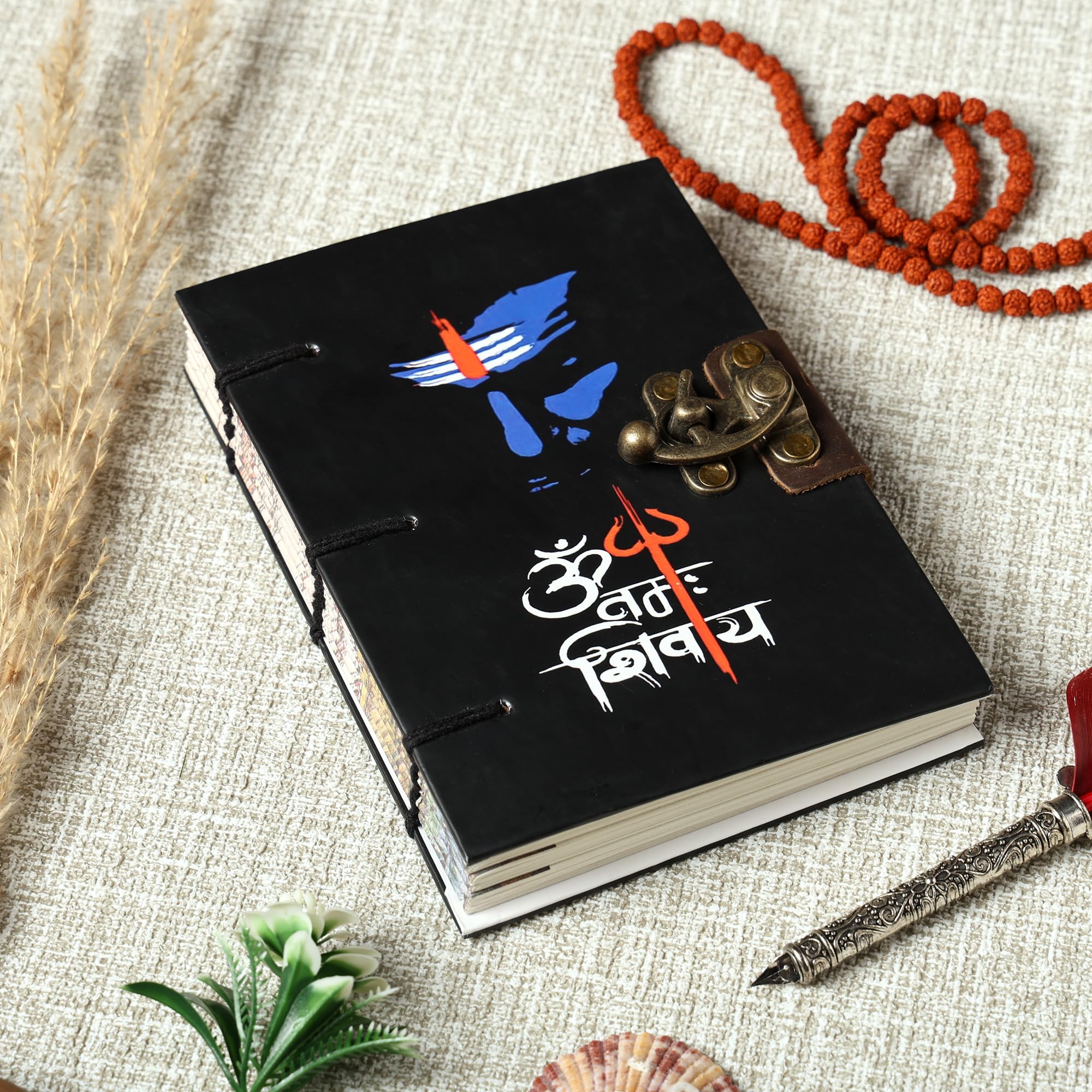 Purpledip Paper Vintage Diary Journal 'Om Namah Shivay': Handmade Paper, Hard Bound, Unique Lock, Eco Friendly Notepad, 7 * 5 Inches, 144 Unruled Pages (12734)