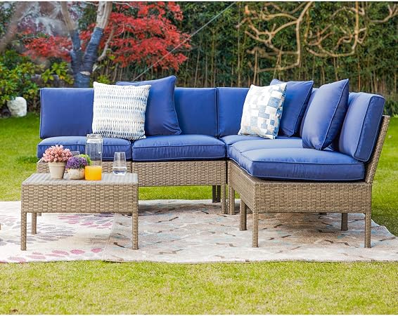 Lokatse Home 6 Pieces All Weather Rattan Patio Sectional Sofa Set Wicker Outdoor Furniture With 3 Pillows Coffee Table Blue Patio Lawn Garden Patio Furniture Accessories