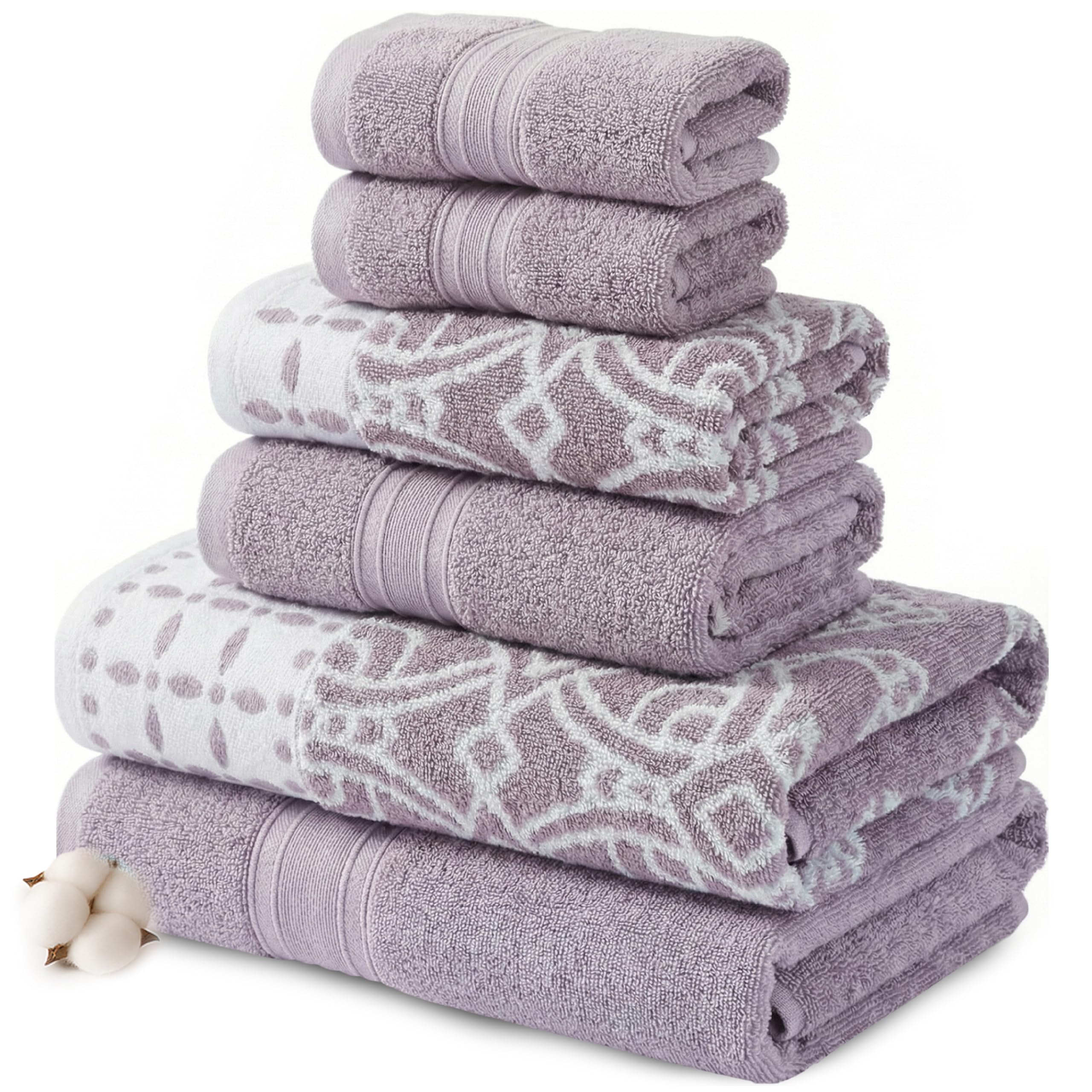 Modern Threads 6 Piece Set, 2 Bath Towels, 2 Hand Towels, 2 Washcloths Yarn Dyed Jacquard/Solid Towel Set Monroe Orchid