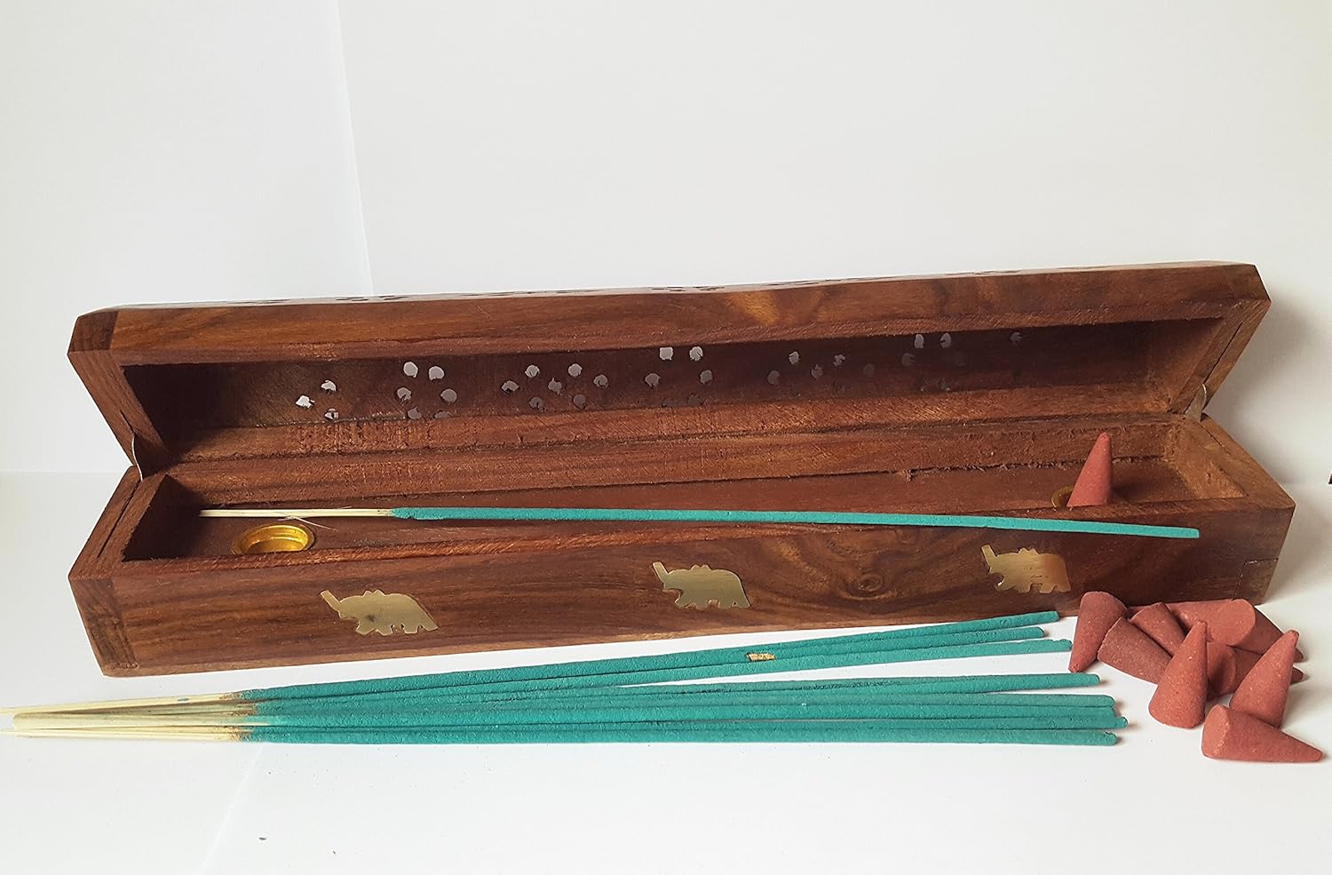 Wooden Incense Joss Stick Cone Holder smoke burner Box ash catcher + 10 INCENSE STICKS + 10