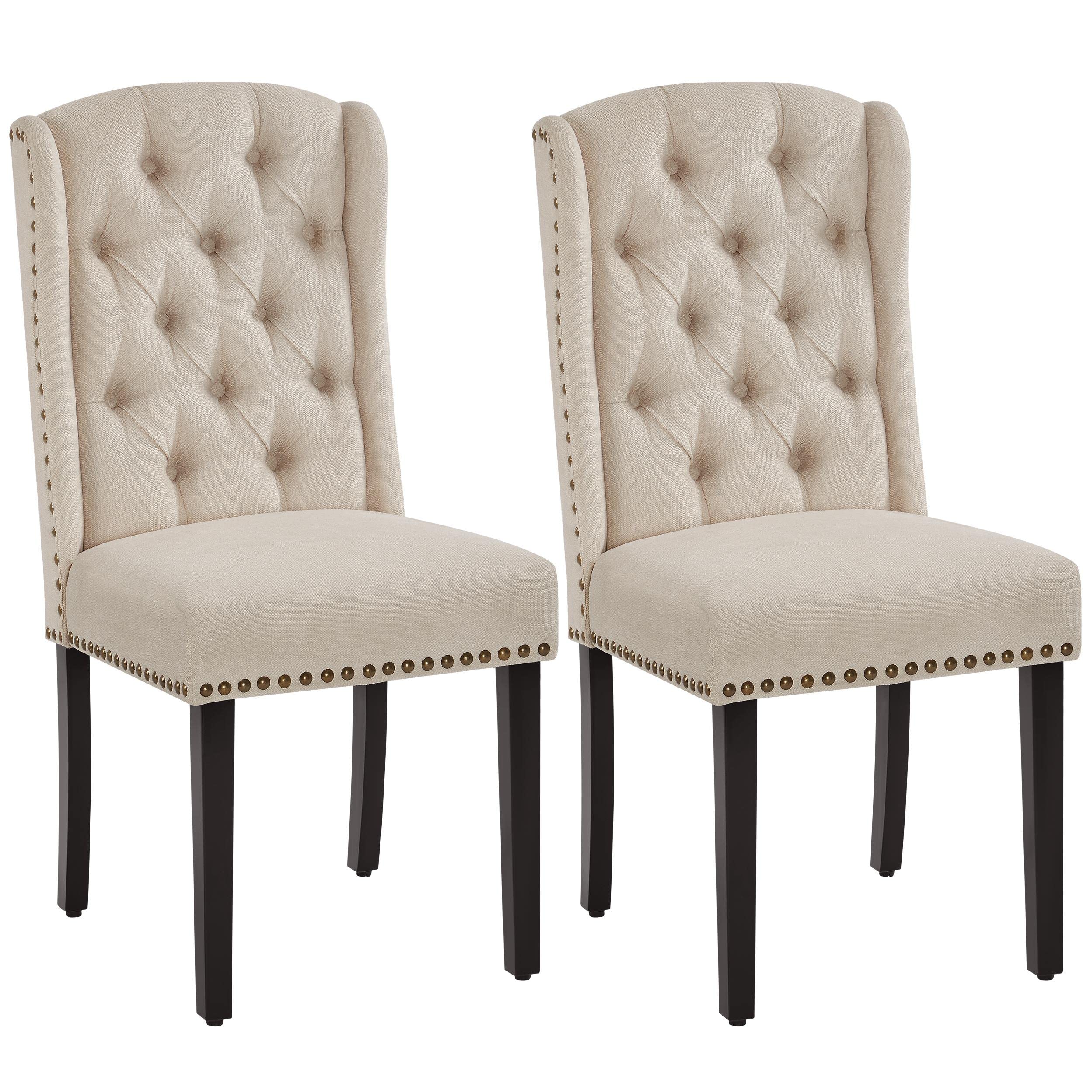 Photo 1 of Yaheetech Upholstered Dining Chairs Set of 2 Button Tufted Kitchen Chairs with Solid Wood Legs and Nailhead Trims for Dining Room, Living Room, Restaurant, Beige